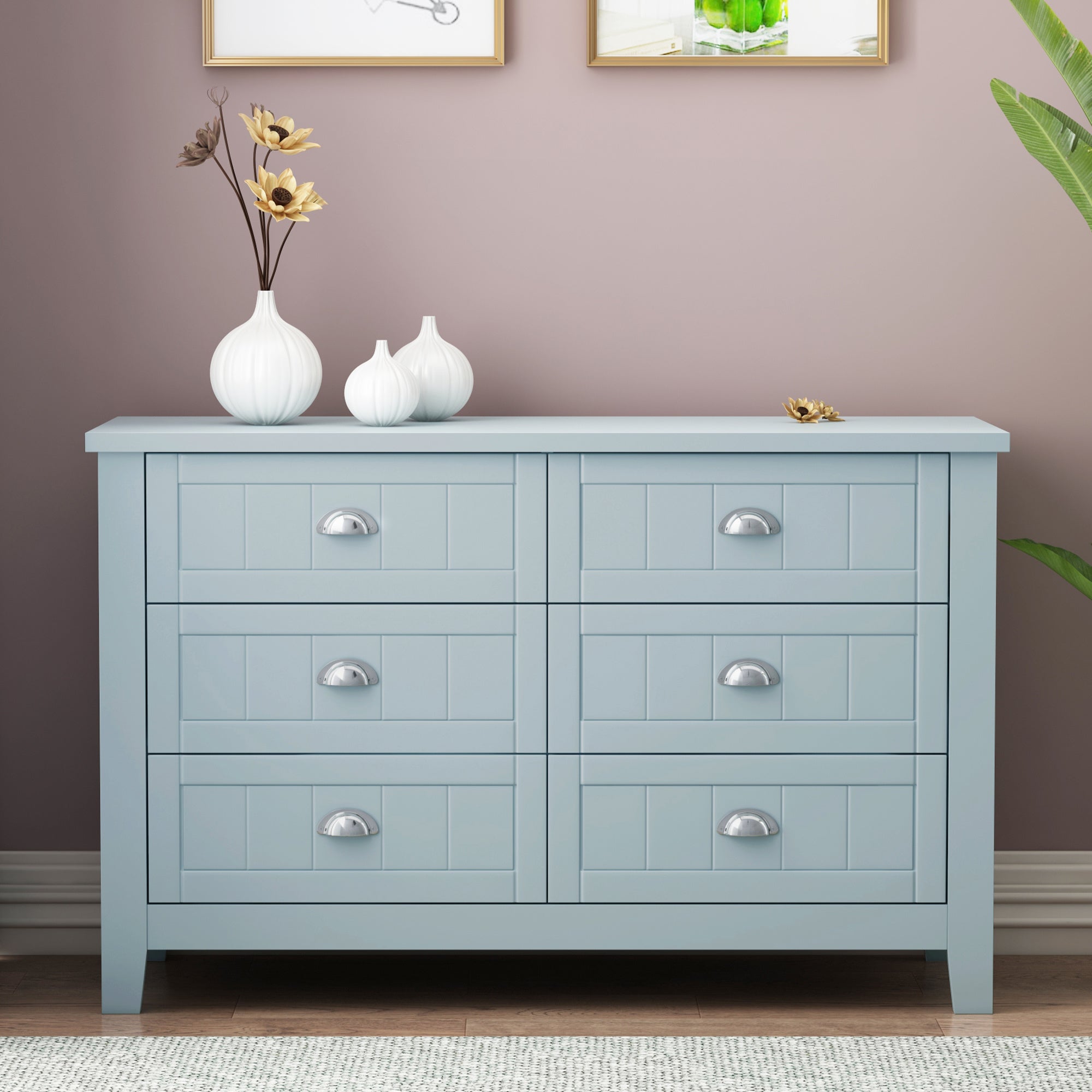 Drawer Dresser BAR CABINET side cabinet,buffet sideboard,buffet service counter, solid wood frame,plasticdoor panel,retro shell handle,applicable to dining room, living room,kitchen corridor,Blue-gray