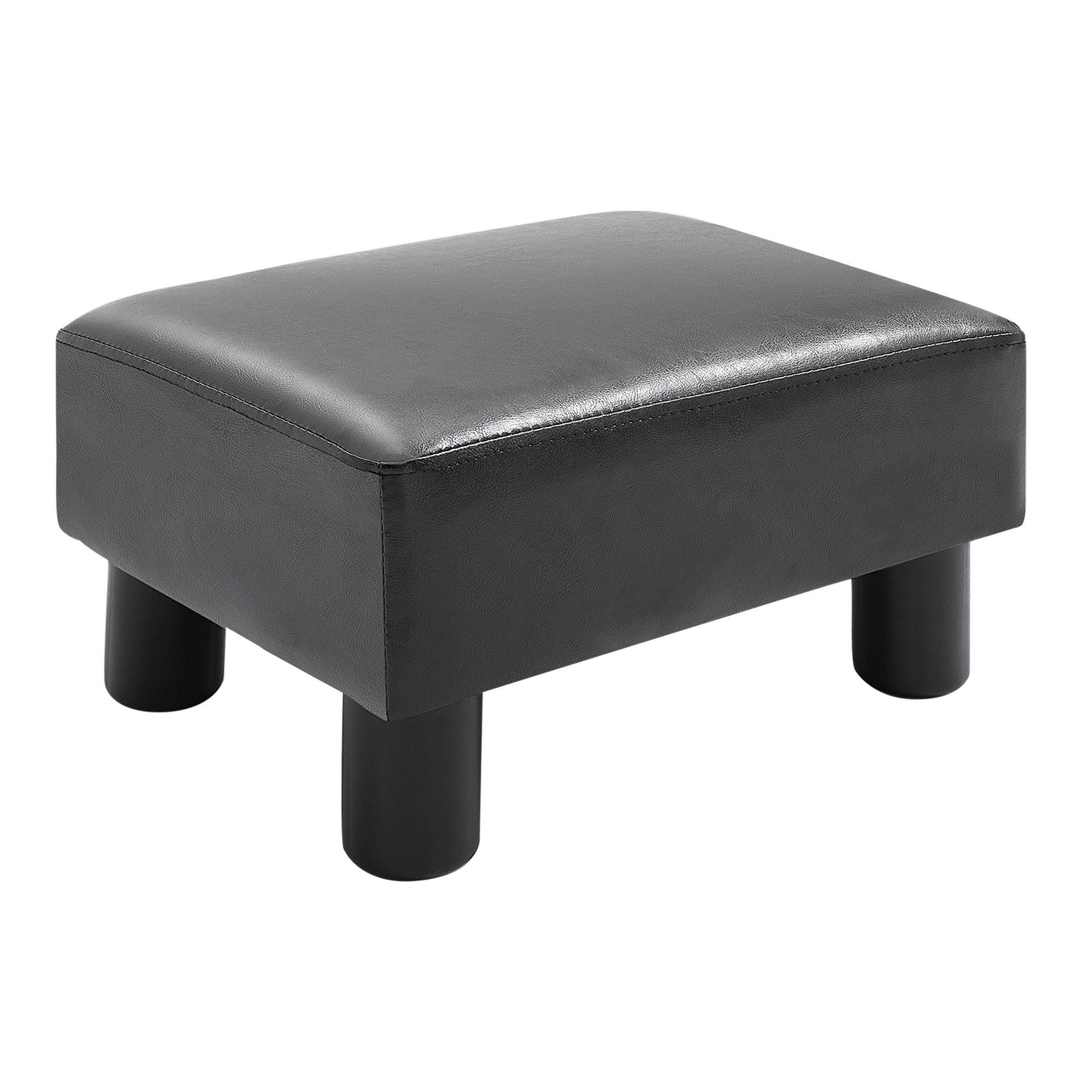 Ottoman Foot Rest, Small Foot Stool with Faux Leather Upholstery, Rectangular Ottoman Footrest with Padded Foam Seat and Plastic Legs, Bright Black