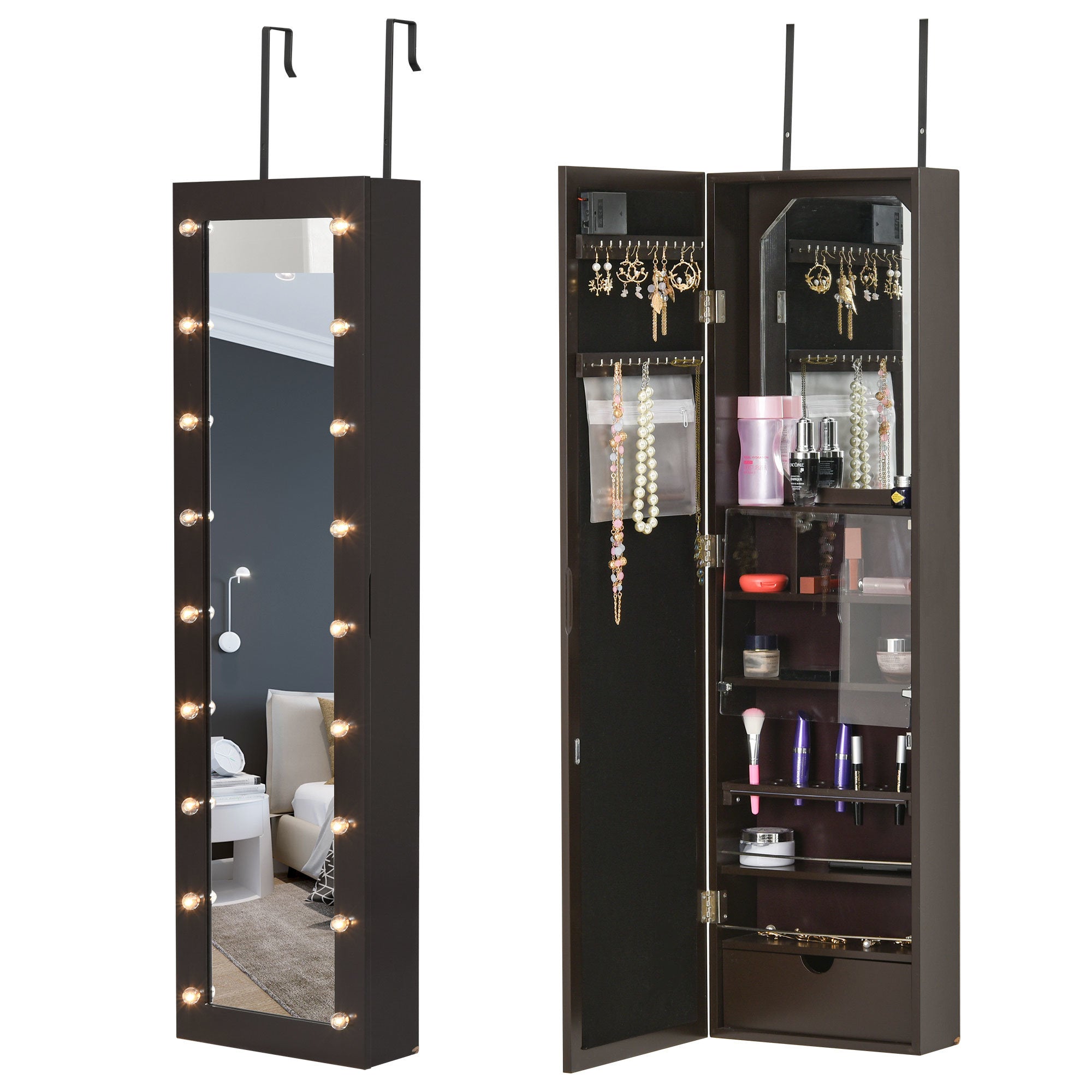 Jewelry Armoire with Mirror and 18 LED Lights, Wall-Mounted/Over-The-Door Cabinet with 3 Mountable Heights, Dark Walnut