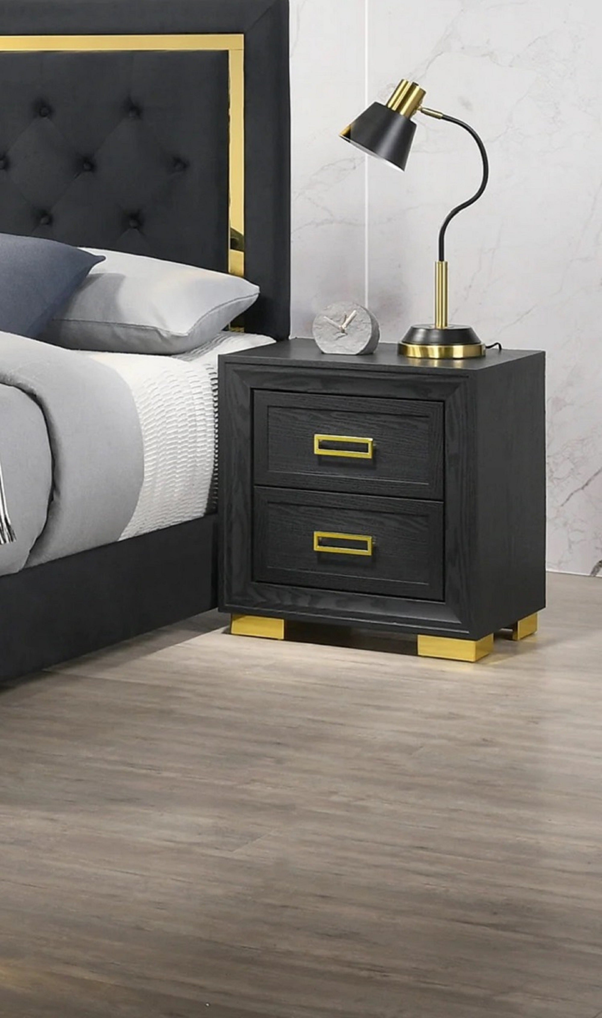 Glamorous 1pc Modern Glam Style 2-Drawer Nightstand Black Gold Finish Gold-colored Hardware Bedroom Furniture