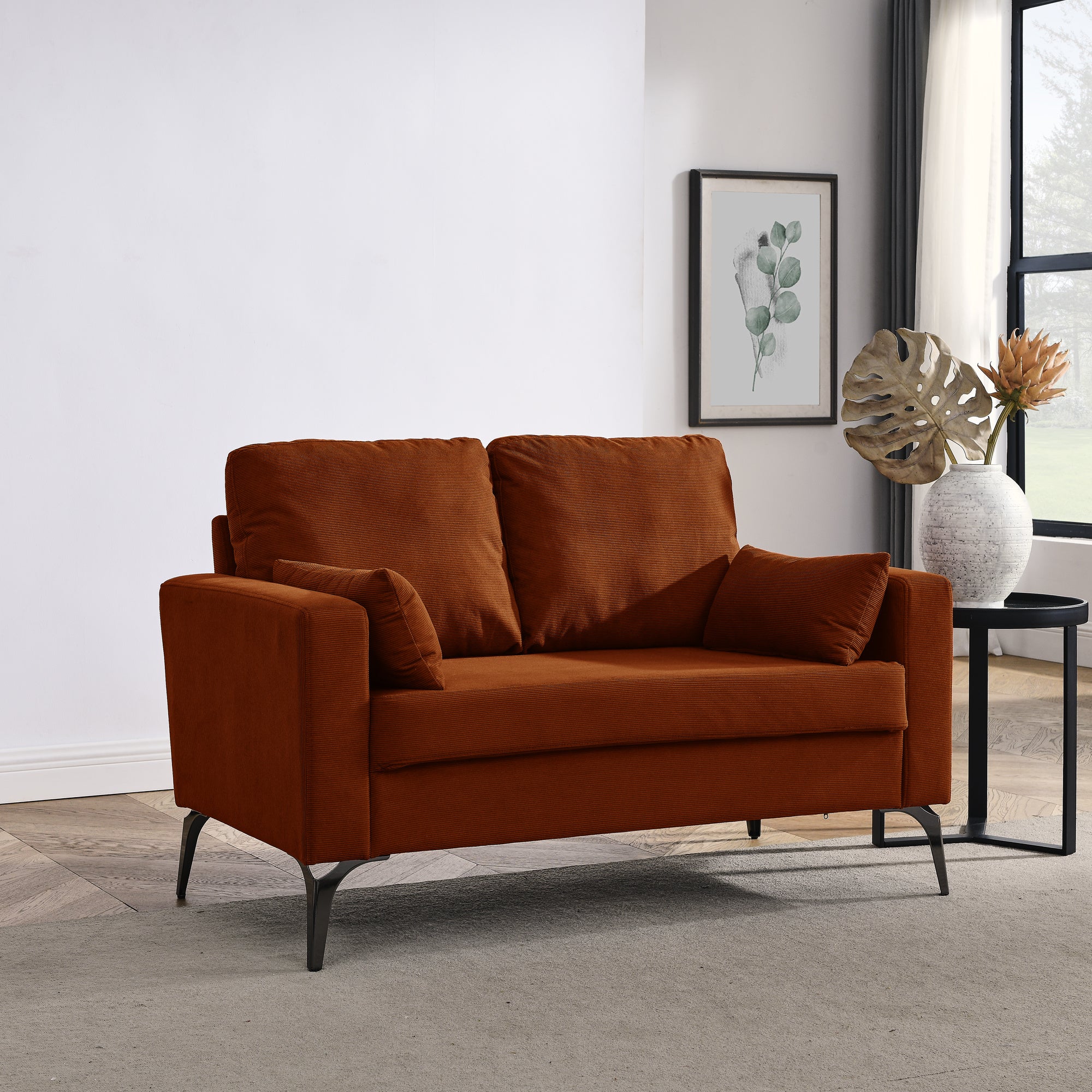 Loveseat Living Room Sofa,with Square Arms and Tight Back, with Two Small Pillows,Corduroy Orange