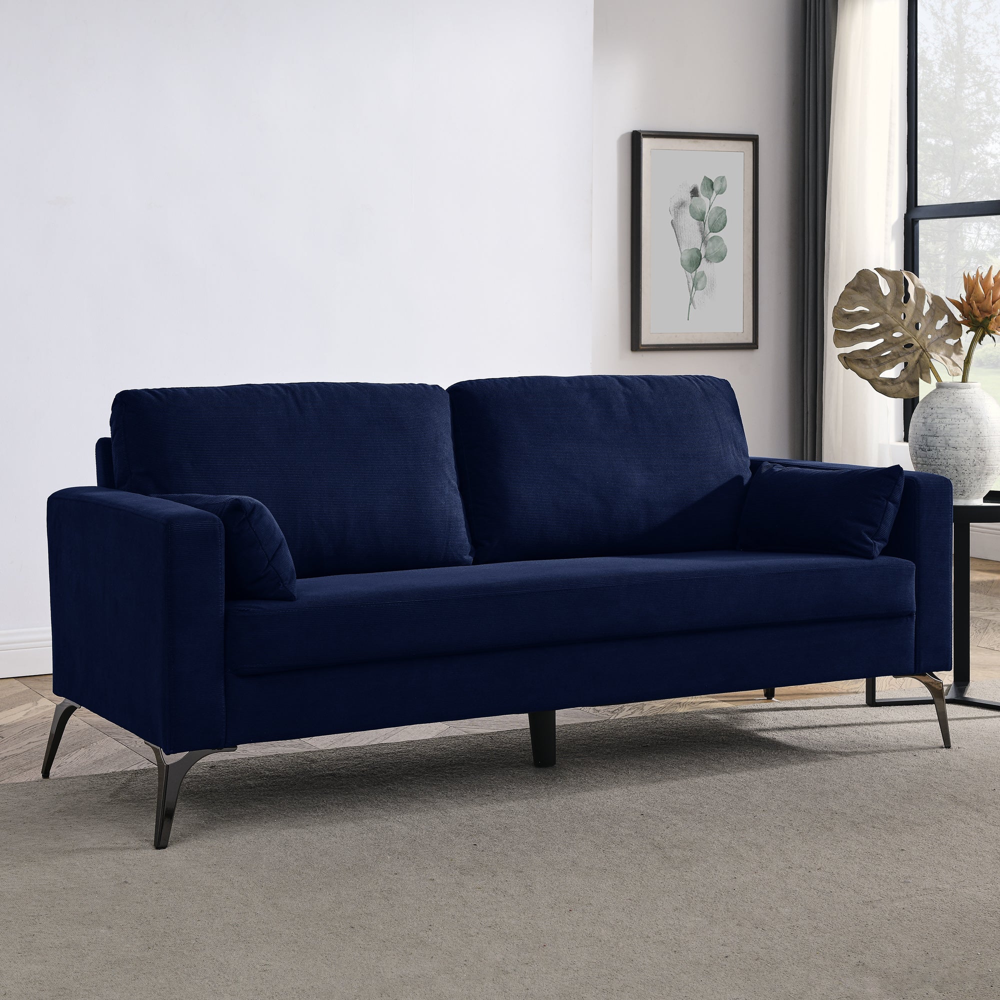 3-Seater Sofa with Square Arms and Tight Back, with Two Small Pillows,Corduroy Navy