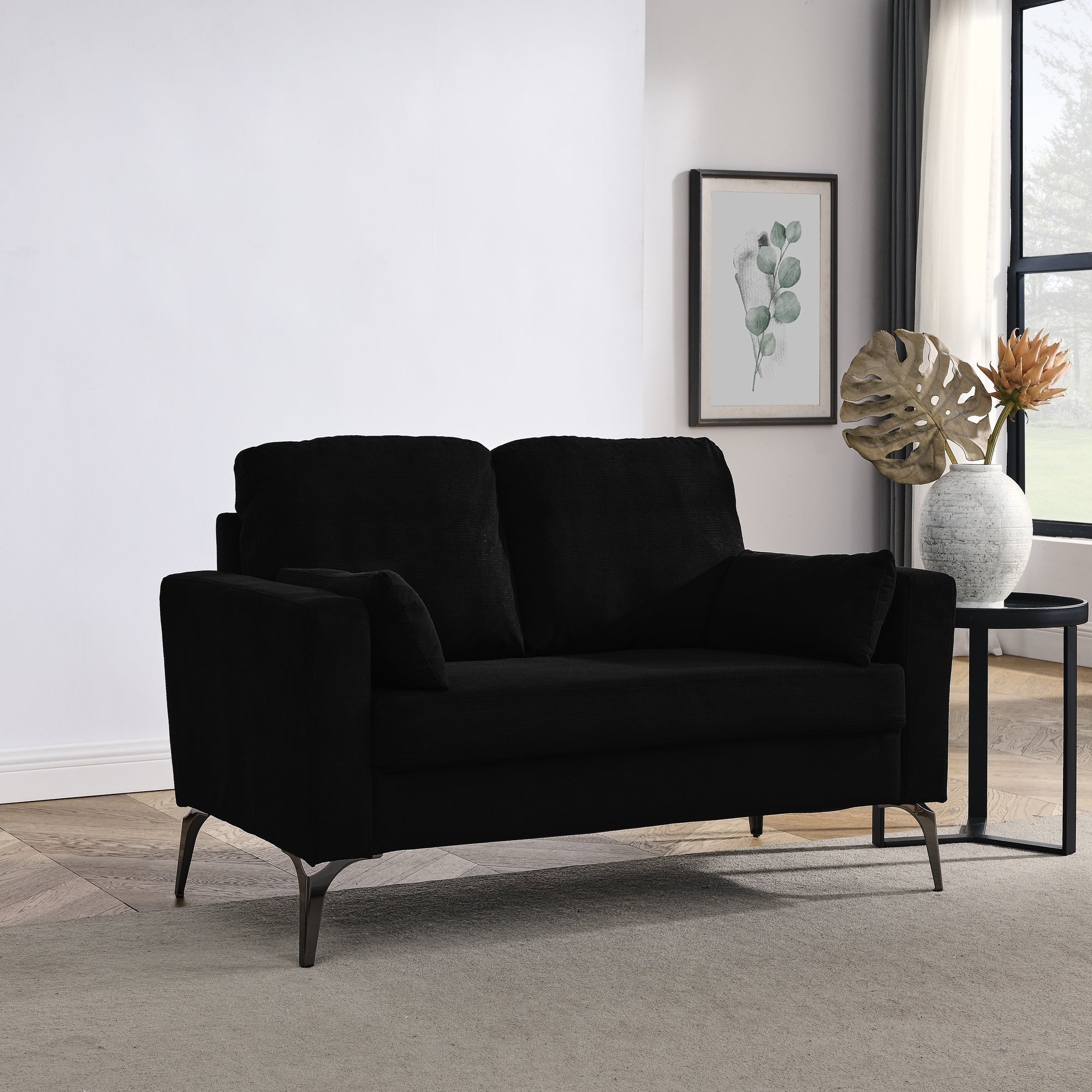 Loveseat Living Room Sofa,with Square Arms and Tight Back, with Two Small Pillows,Corduroy Black