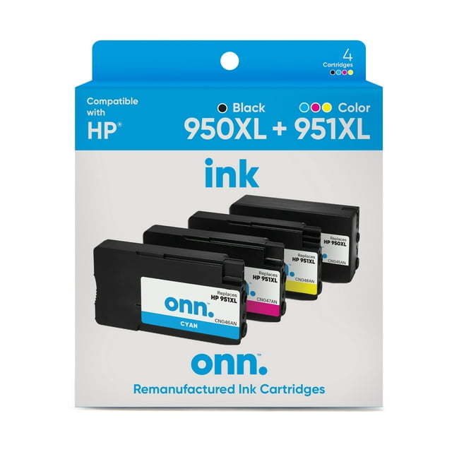 onn. Remanufactured HP 950XL/951XL High Yield Black, Cyan, Magenta, Yellow Inkjet Cartridges 4-Pack