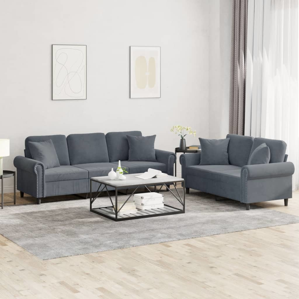 2 Piece Sofa Set with Pillows Dark Gray Velvet