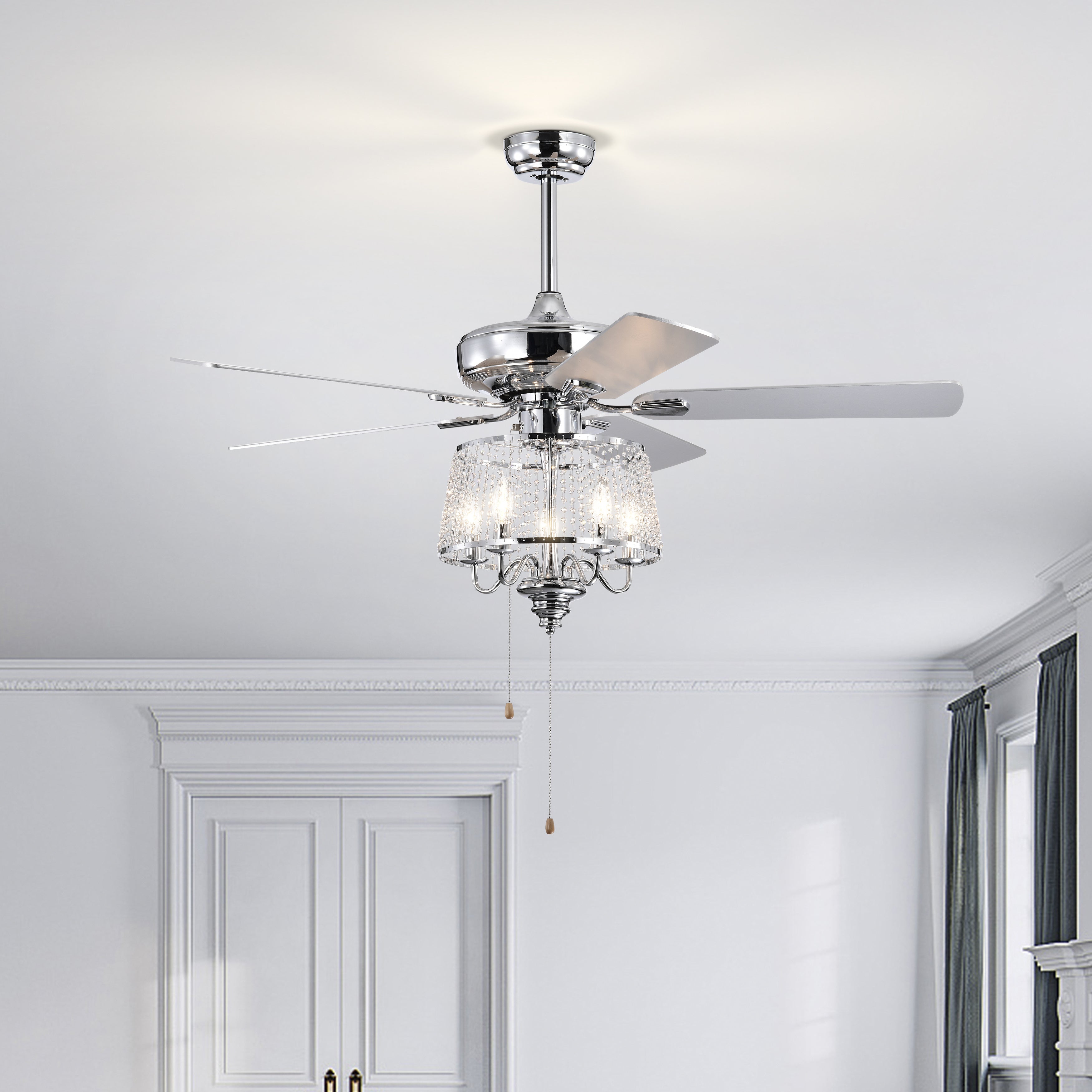 52 Inch Crystal Ceiling Fan , Modern Electrical Fan with 5 Wood Reversible Blades, 4 Bulbs Not Included,Noiseless Reversible AC Motor for Bedroom/Living Room/Study/Patio Home Decoration (Chrome)