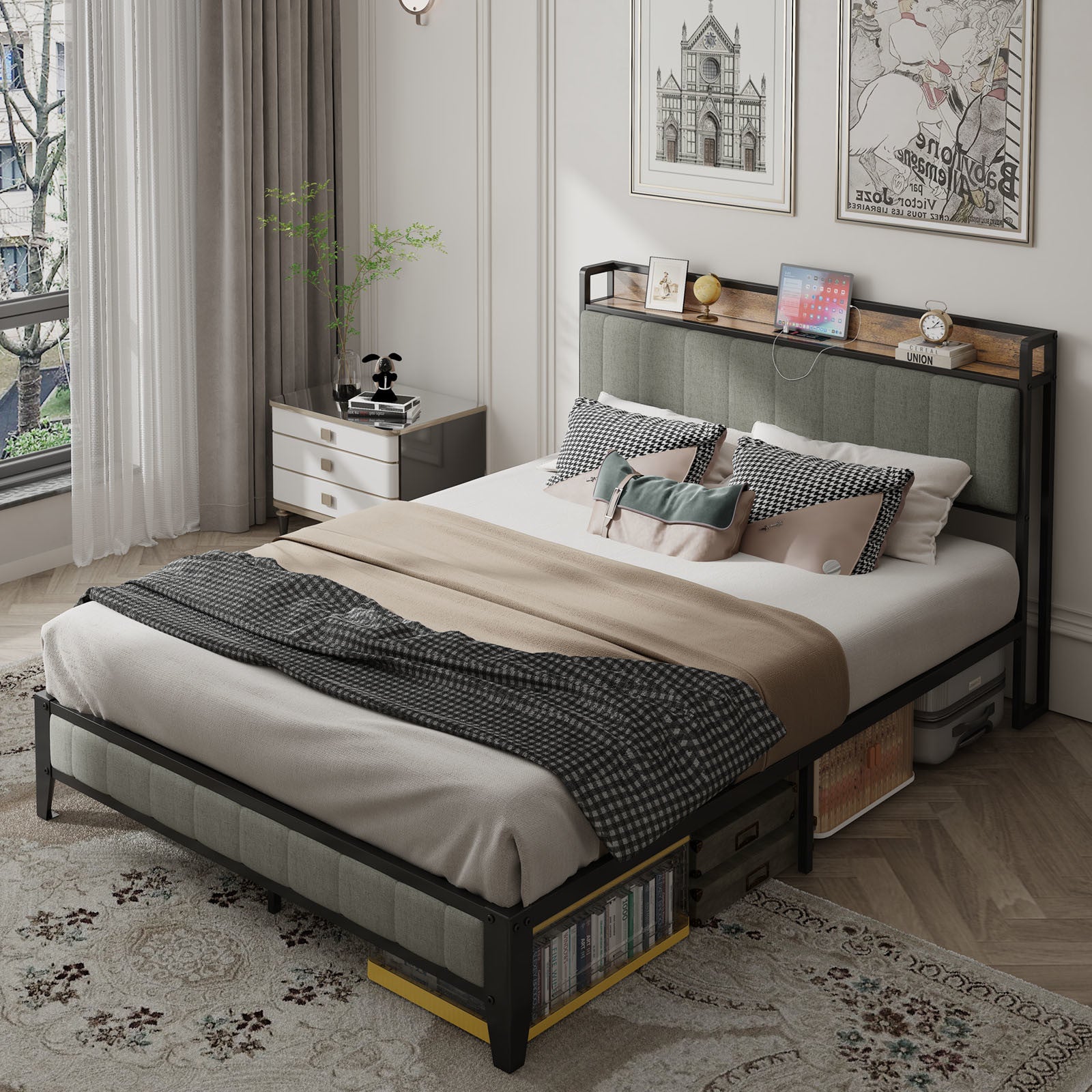 Queen Size Bed Frame with Charging Station, Upholstered Headboard, Metal Platform, Dark Grey