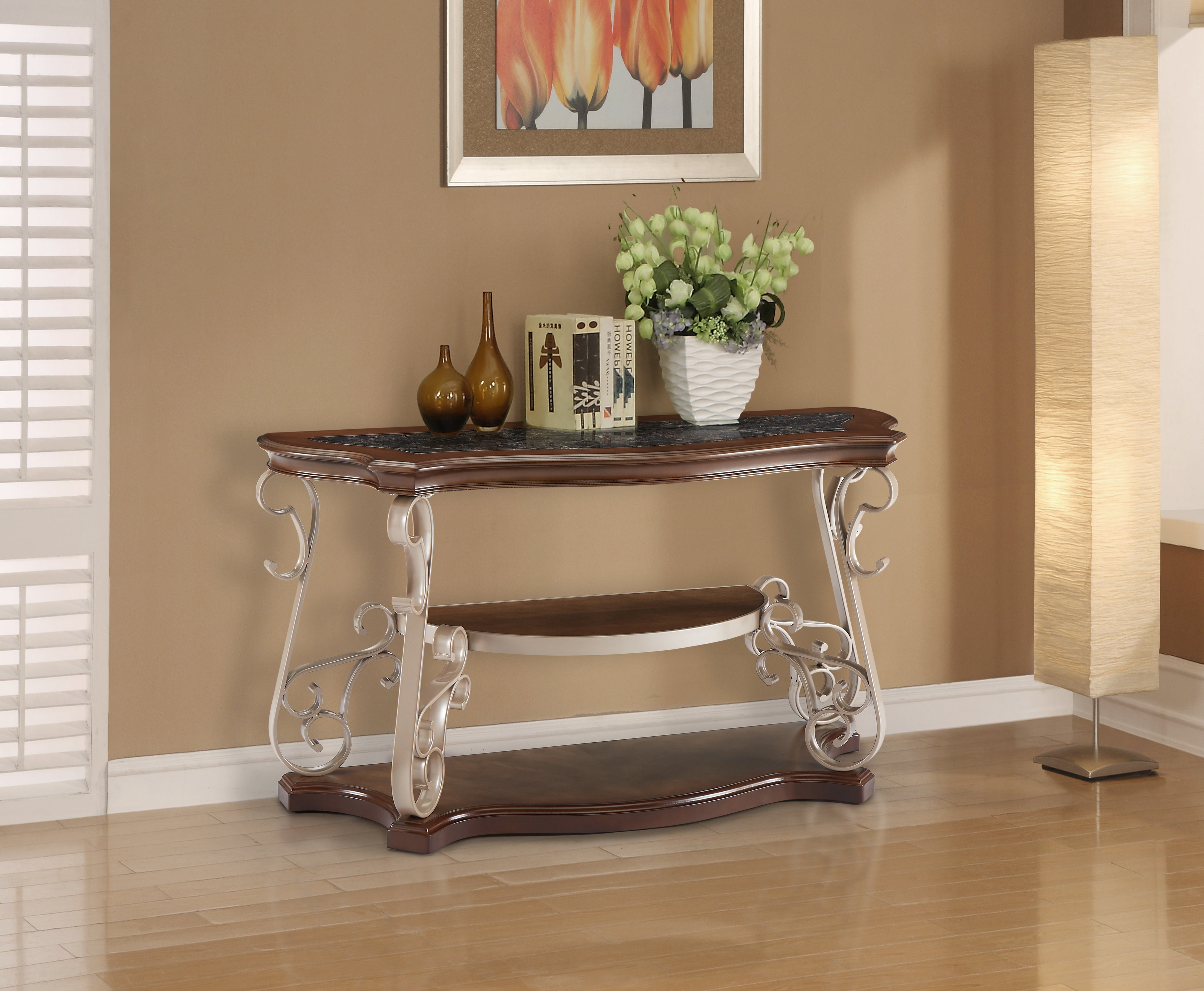 Sofa Table, marble paper top, MDF with birch middle shelf , powder coat finish metal legs. (54"Lx20"Wx30"H)