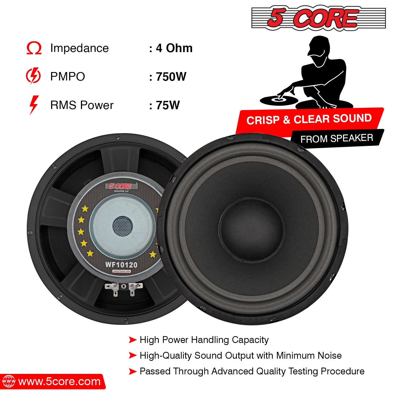 5 Core 10 Inch Woofer 750W PMPO Subwoofer Speakers 4 Ω 75W RMS Raw Replacement Pro Audio DJ Sub Woofers - WF 10120 4OHM