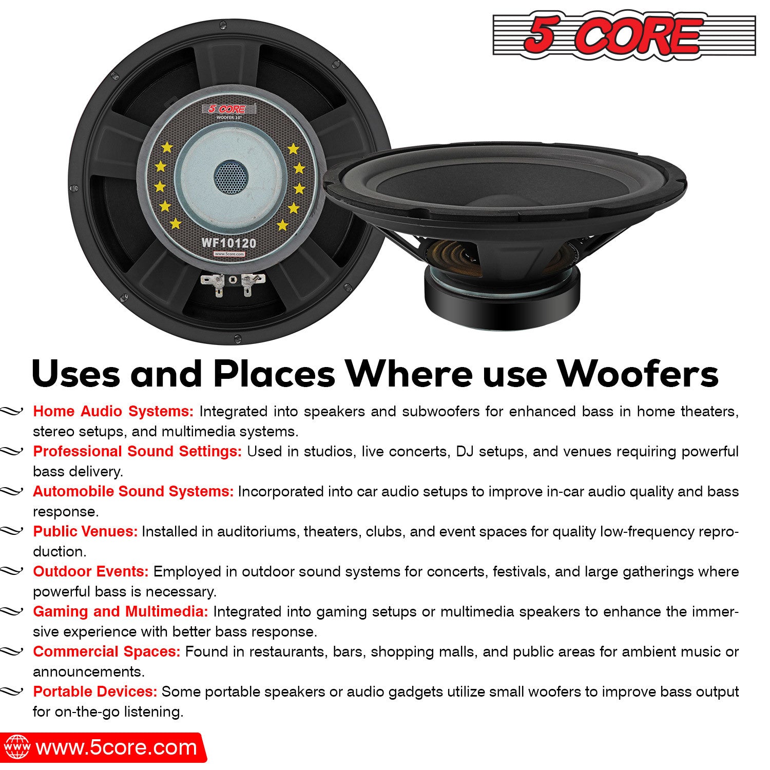 5 Core 10 Inch Woofer 750W PMPO Subwoofer Speakers 4 Ω 75W RMS Raw Replacement Pro Audio DJ Sub Woofers - WF 10120 4OHM