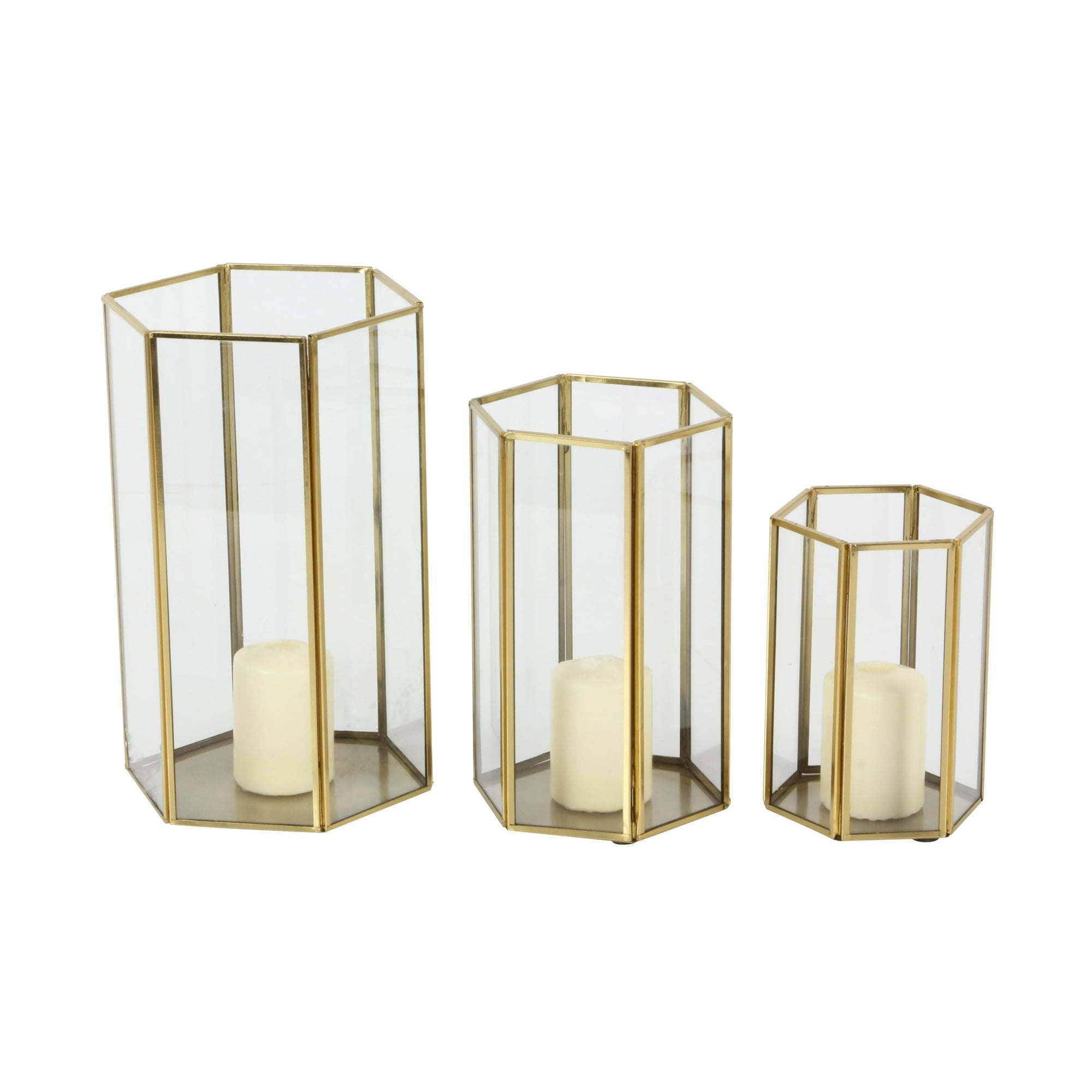 Cosmoliving by Cosmopolitan Set of 3, 6", 8", 10"H Modern Glass Candle Holder/Lantern with Hexagon Silhouette, Metallic Gold Rims and Transparent Glass Panels