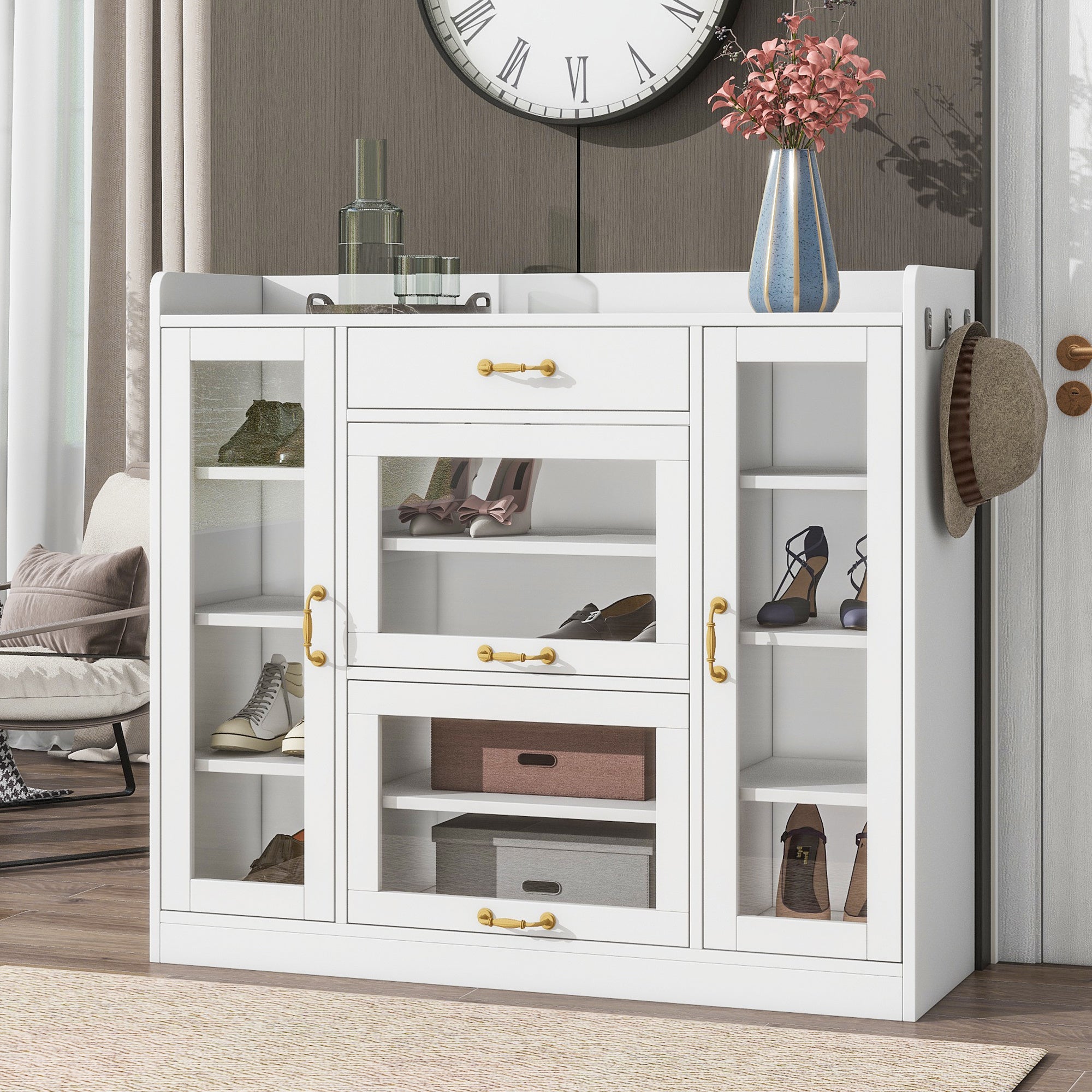 ON-TREND Modernist Side Cabinet with 4 Glass Doors & 3 Hooks, Freestanding Shoe Rack with Multiple Adjustable Shelves, Versatile Display Cabinet with Gold Handles for Hallway, Living Room, White