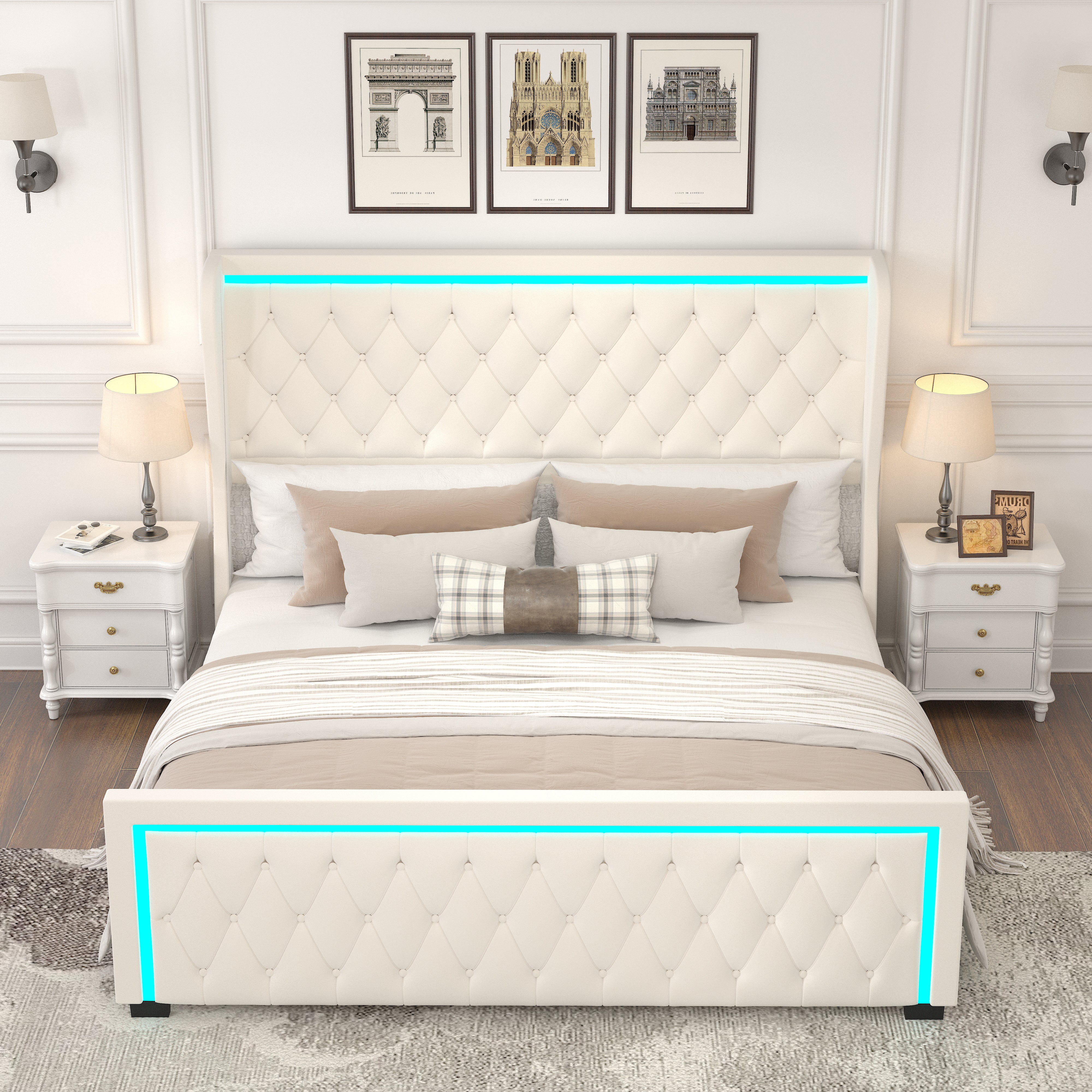 Queen Platform Bed Frame With High headboard, Velvet Upholstered Bed with Deep Tufted Buttons, Adjustable Colorful LED Light Decorative Headboard, Wide Wingbacks, BEIGE