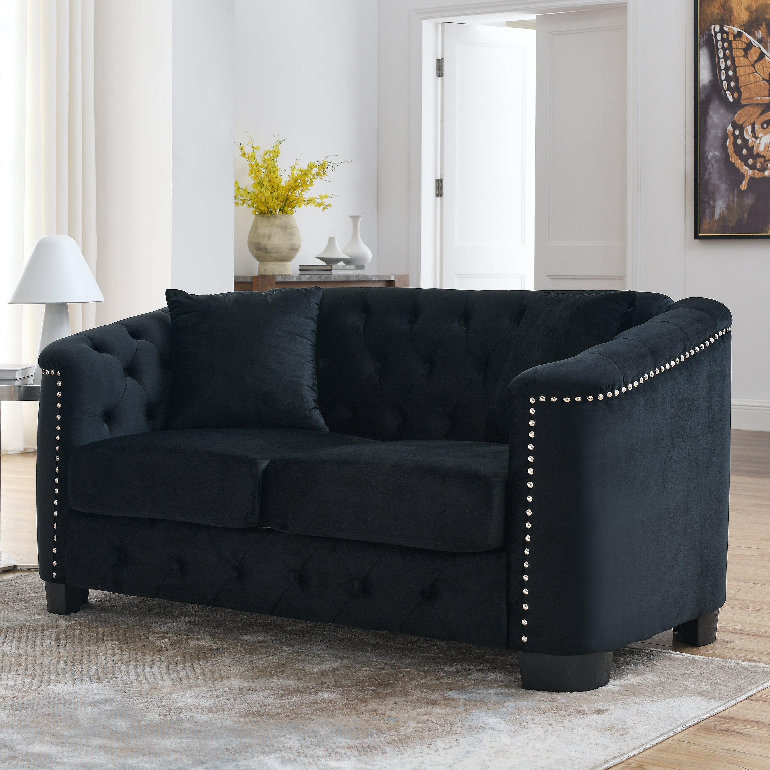 59-Inch Modern Chesterfield Velvet Sofa, 2-Seater Sofa, Upholstered Tufted Backrests with Nailhead Arms and 2 Cushions for Living Room, Bedroom, Apartment, Office (Black)