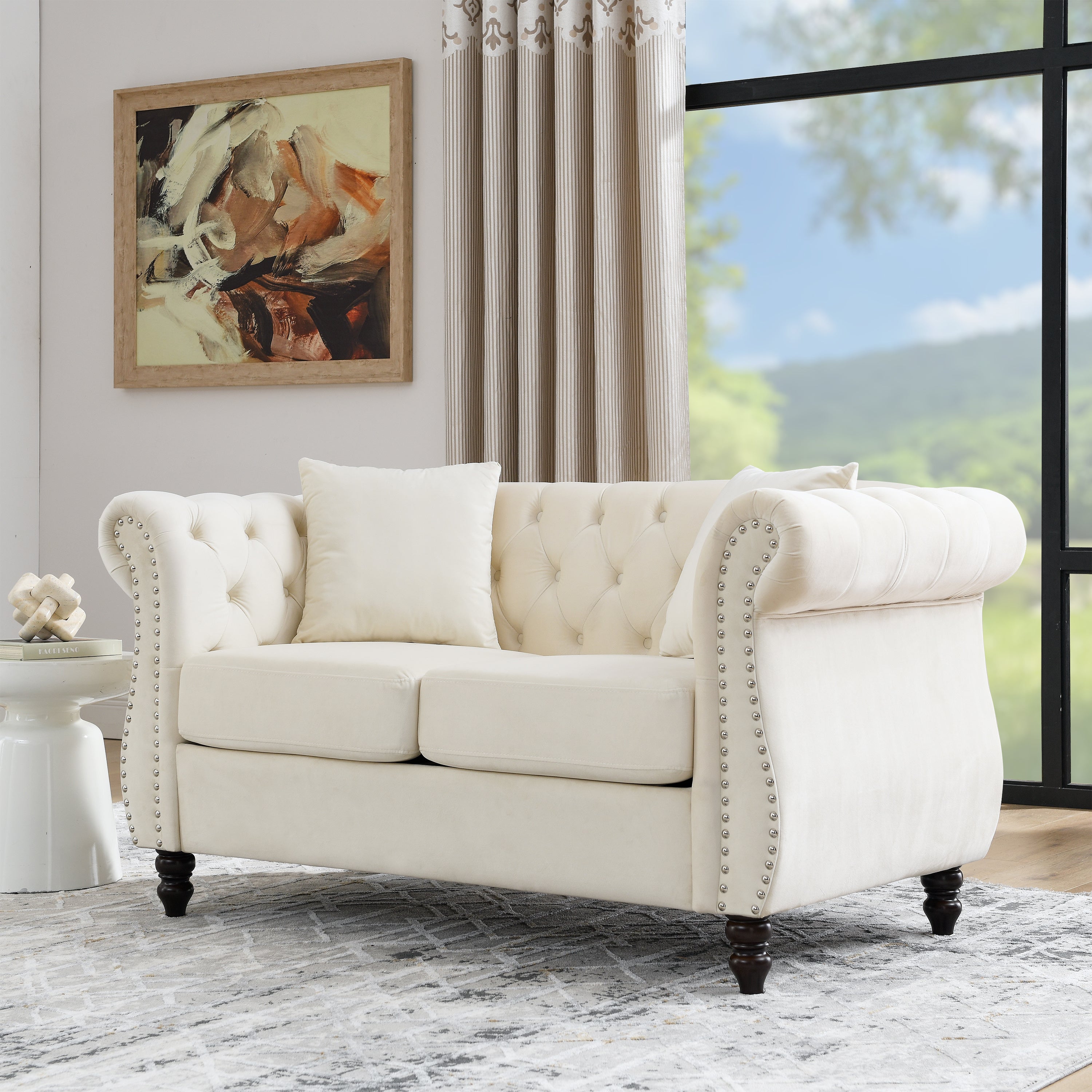 58.8" Chesterfield Sofa Beige Velvet for Living Room, 2 Seater Sofa Tufted Couch with Rolled Arms and Nailhead for Living Room, Bedroom, Office, Apartment, two pillows