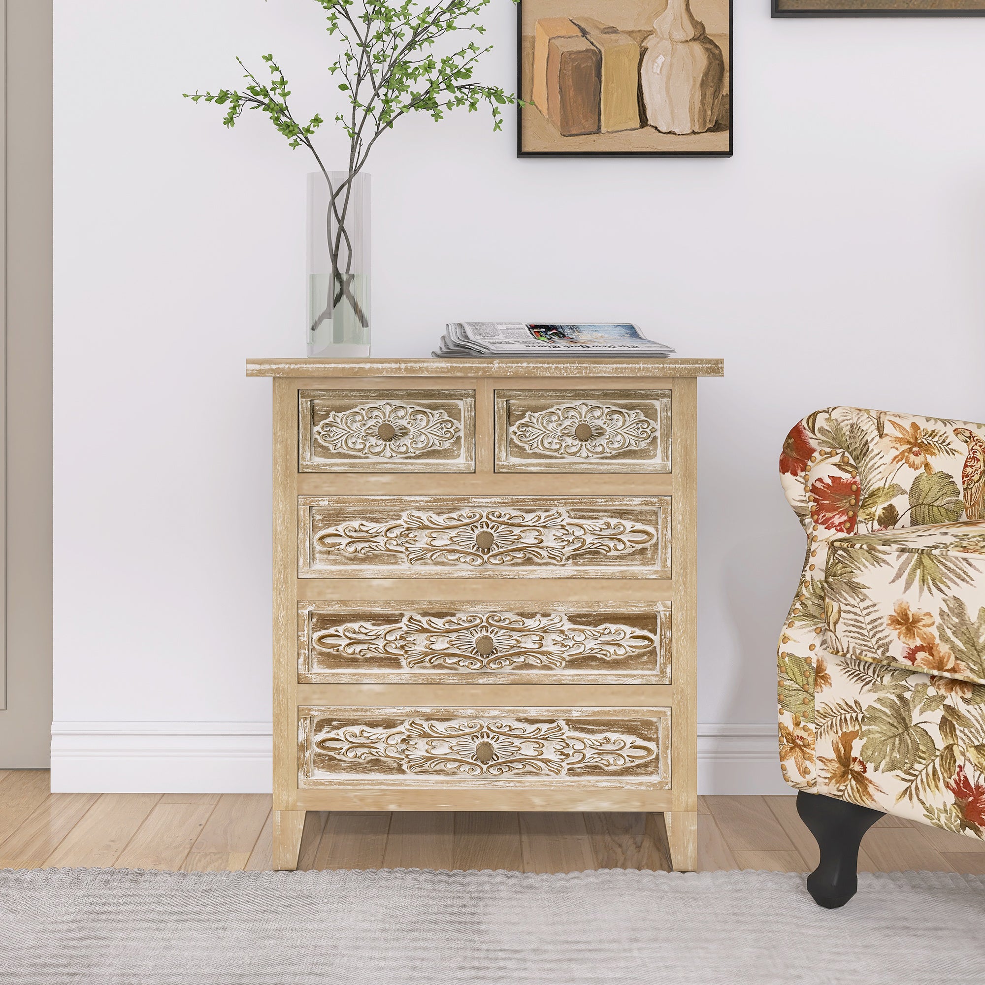 Hand-Carved Accent Drawer with 5 Drawers - Traditional Craftsmanship and Functionality Combined