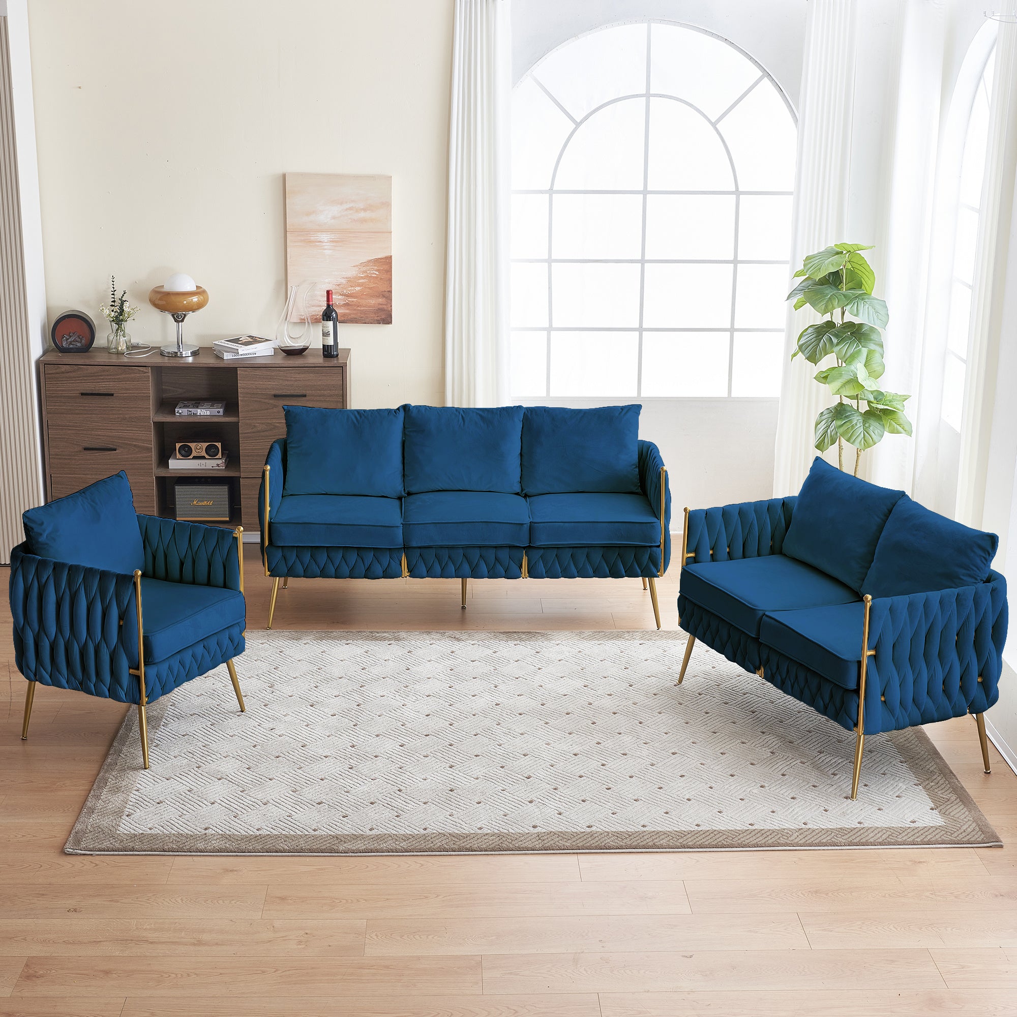 Modern 3-Piece Velvet Upholstered Handmade Woven Back Sofa Sets with Sturdy Metal Legs, Including Three Seat Couch Loveseat, and Single Chair for Living Room, Blue Velvet