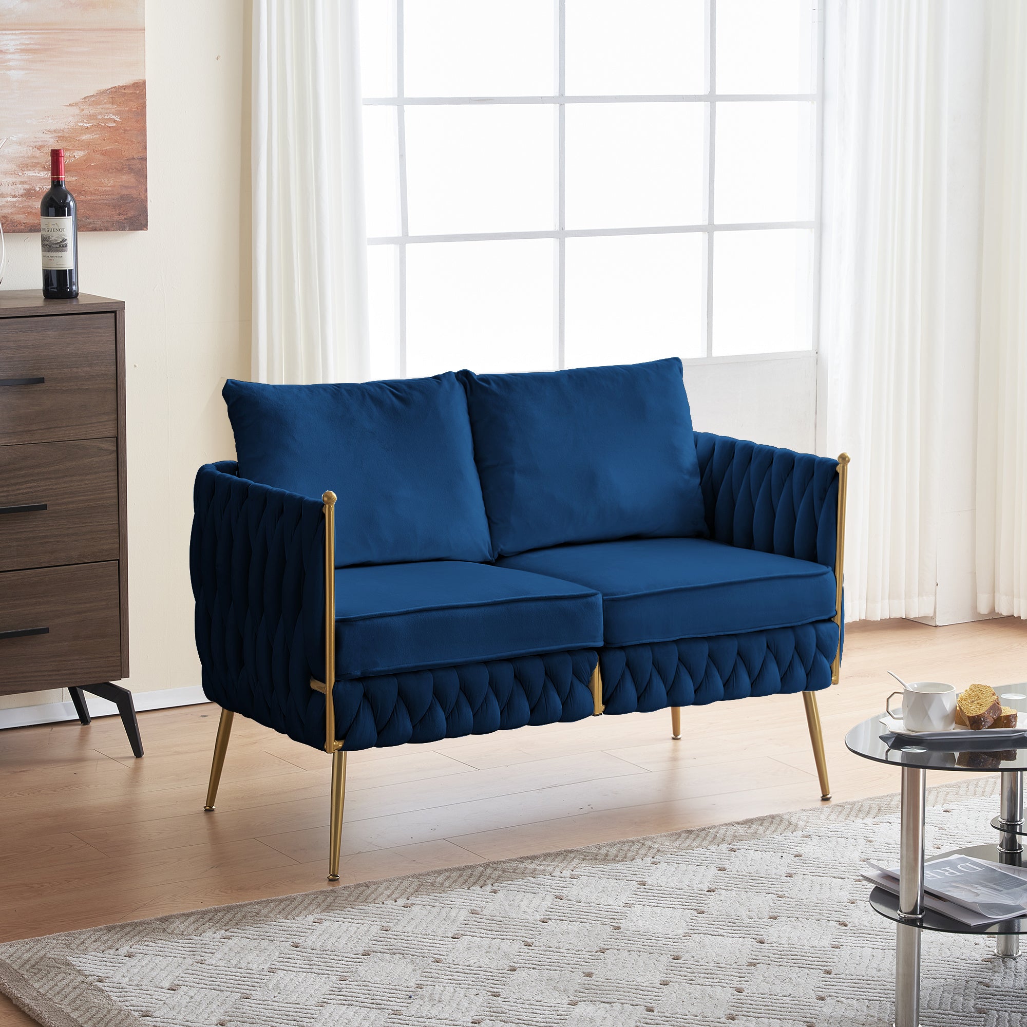 Mid Century Modern Velvet Loveseat Sofa Small Love Seats Handmade Woven & Golden Legs Comfy Couch for Living Room, Upholstered 2 Seater Sofa for Small Apartment , Blue Velvet