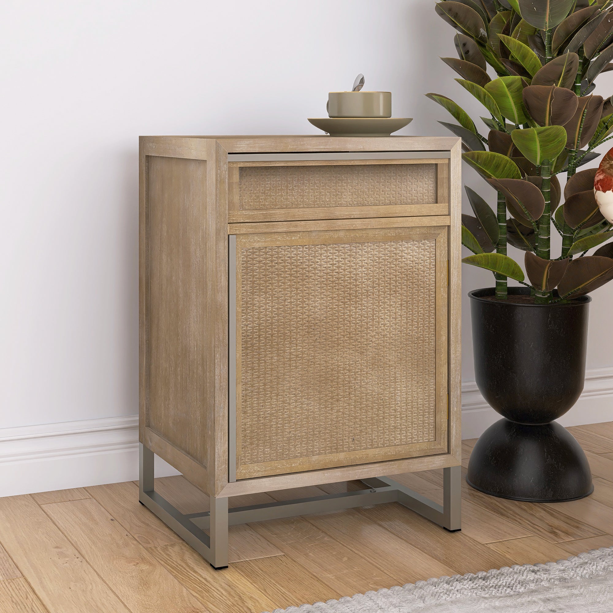 Handwoven End Table with Drawer, Cabinet, and Artisanal Wood Finish - No Assembly Required