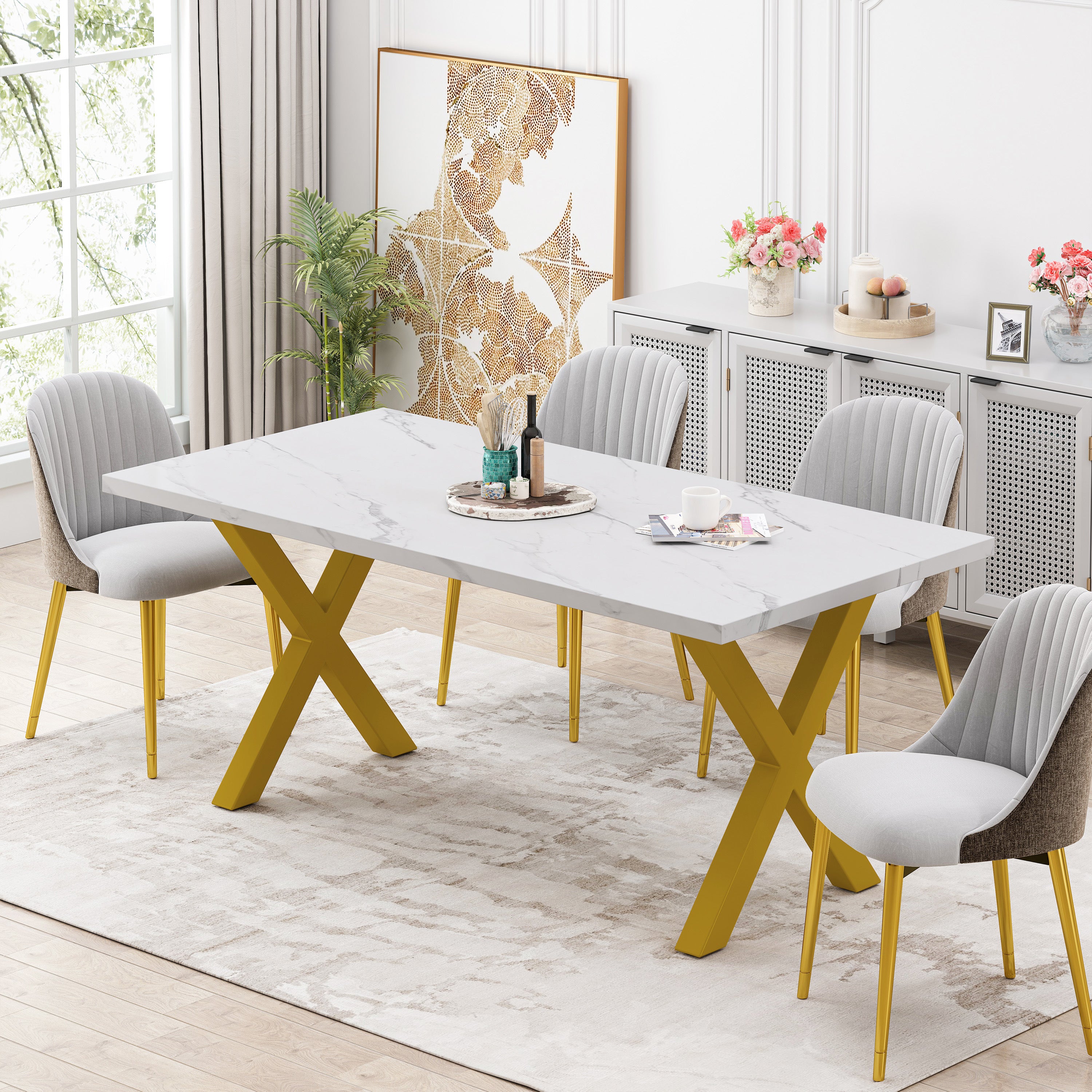 70.87"Modern Square Dining Table with Printed White Marble Table Top+Gold X-Shape Table Leg