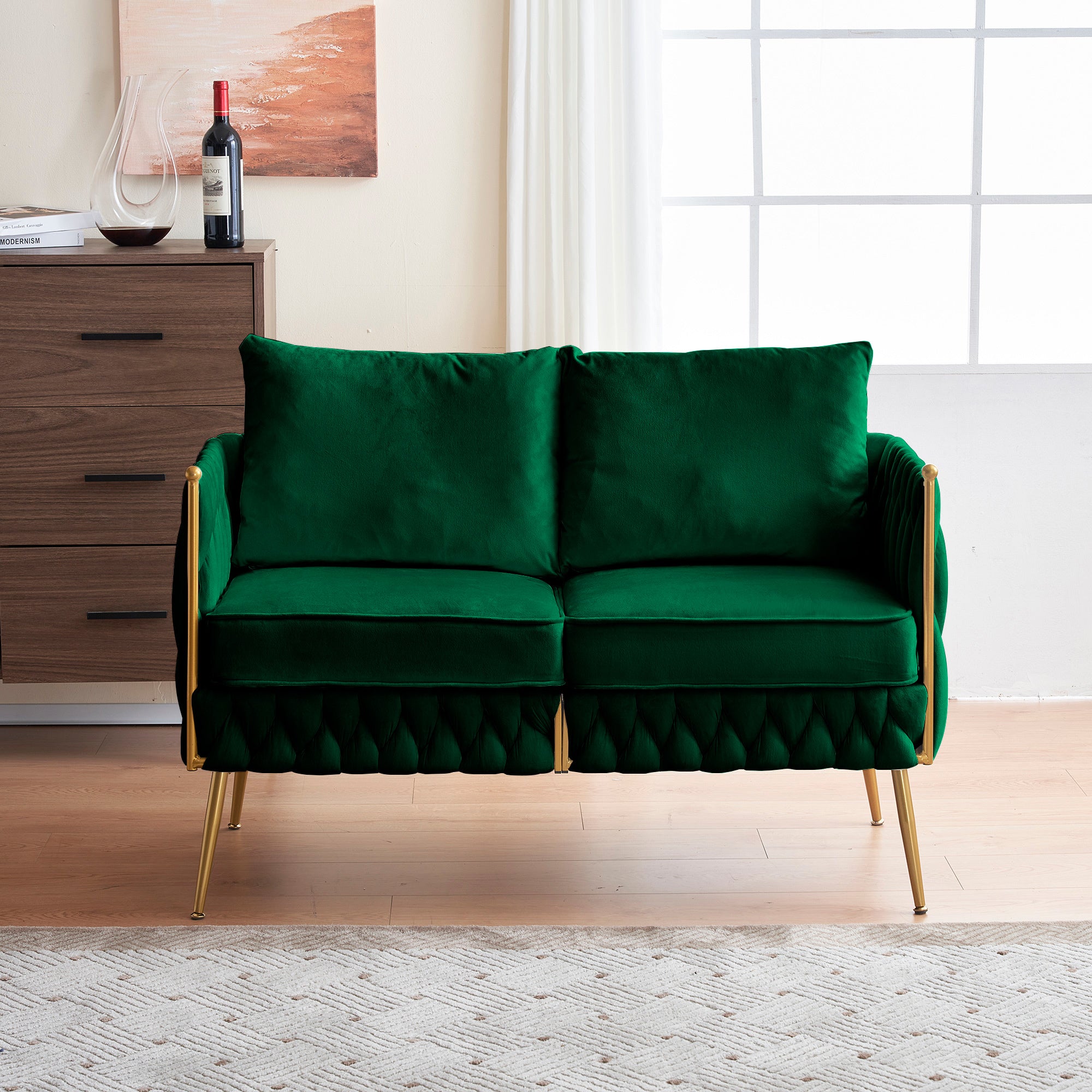 Mid Century Modern Velvet Loveseat Sofa Small Love Seats Handmade Woven & Golden Legs Comfy Couch for Living Room, Upholstered 2 Seater Sofa for Small Apartment , Green Velvet