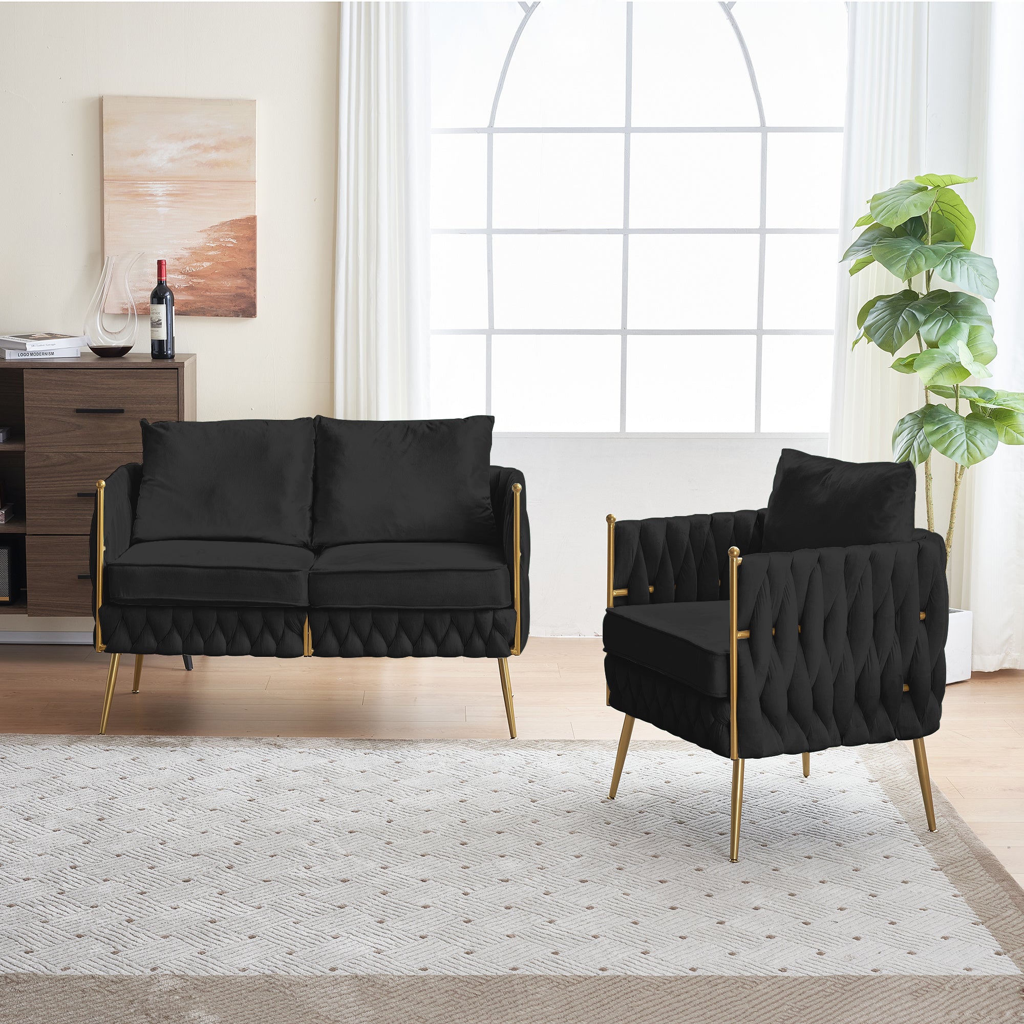 Stylish Handmade Woven Back Upholstered Sofa Set with 1 Accent Chair and 1 Loveseat Sofa, Modern Sofa Set for Living Room And Small Living Spaces , Black Velvet