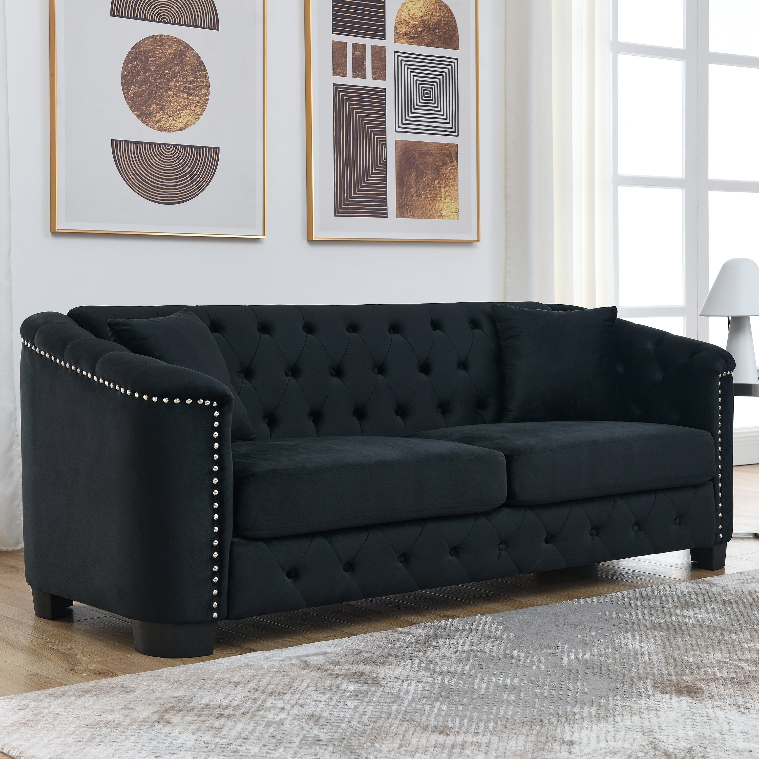 77-Inch Modern Chesterfield Velvet Sofa, 3-Seater Sofa, Upholstered Tufted Backrests with Nailhead Arms and 2 Cushions for Living Room, Bedroom, Apartment, Office (Black)