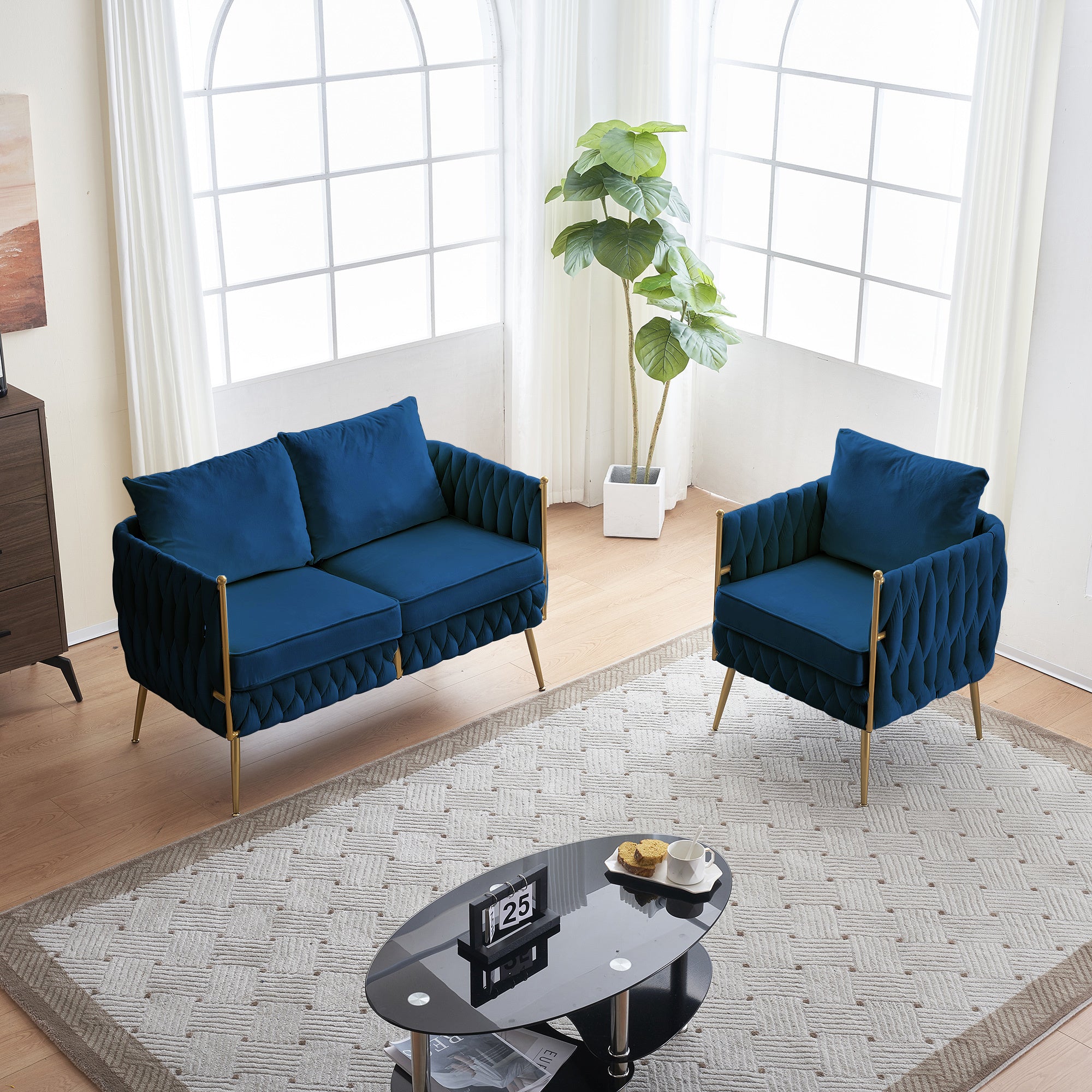 Stylish Handmade Woven Back Upholstered Sofa Set with 1 Accent Chair and 1 Loveseat Sofa, Modern Sofa Set for Living Room And Small Living Spaces , Blue Velvet