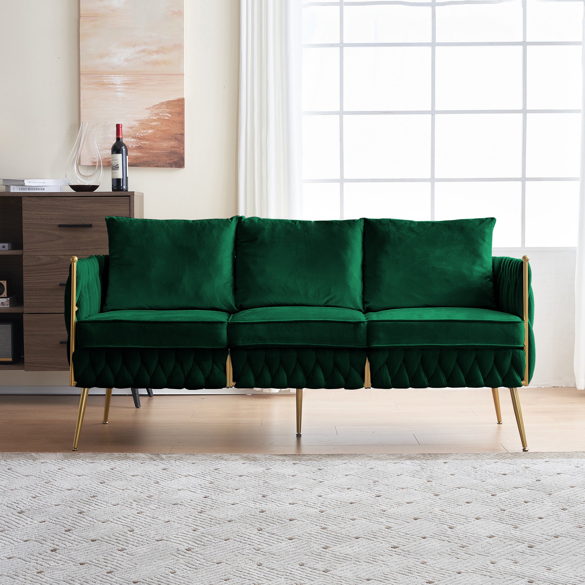 Velvet Couch Sofa for Three People , Upholstered Sofa with Stylish Woven Back, Small Comfy Couch with 3 Pillows, Modern 3-Seat Sofa with Gold Frame for Living Room , Green Velvet