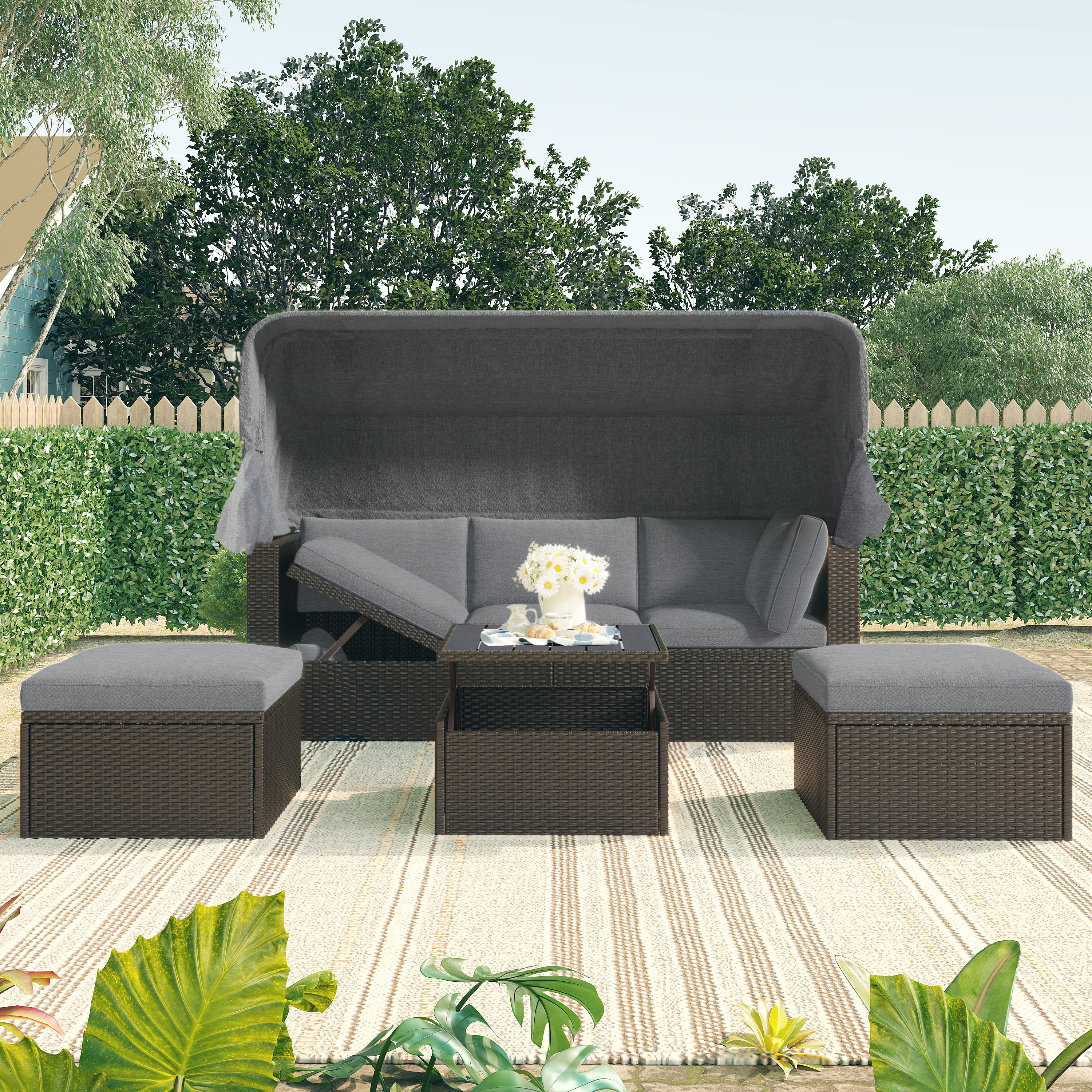 U_Style Outdoor Patio Rectangle Daybed with Retractable Canopy, Wicker Furniture Sectional Seating with Washable Cushions, Backyard, Porch(As same as WY000263AAE)