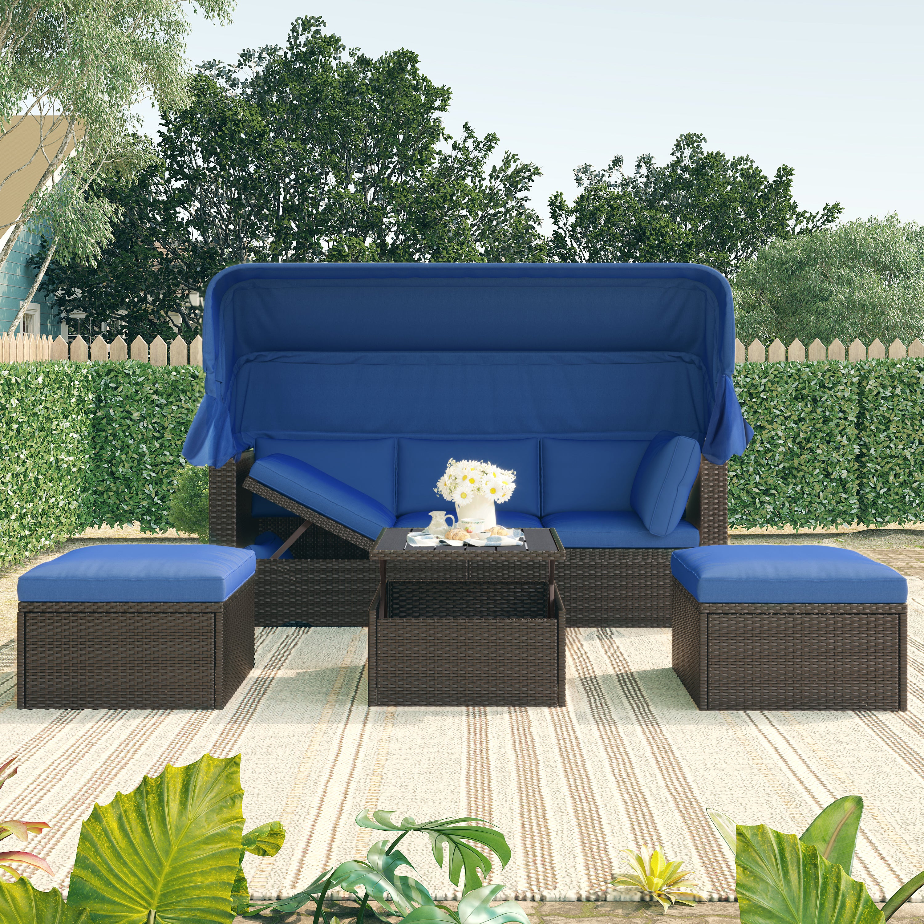 U_Style Outdoor Patio Rectangle Daybed with Retractable Canopy, Wicker Furniture Sectional Seating with Washable Cushions, Backyard, Porch(As same as WY000263AAE)