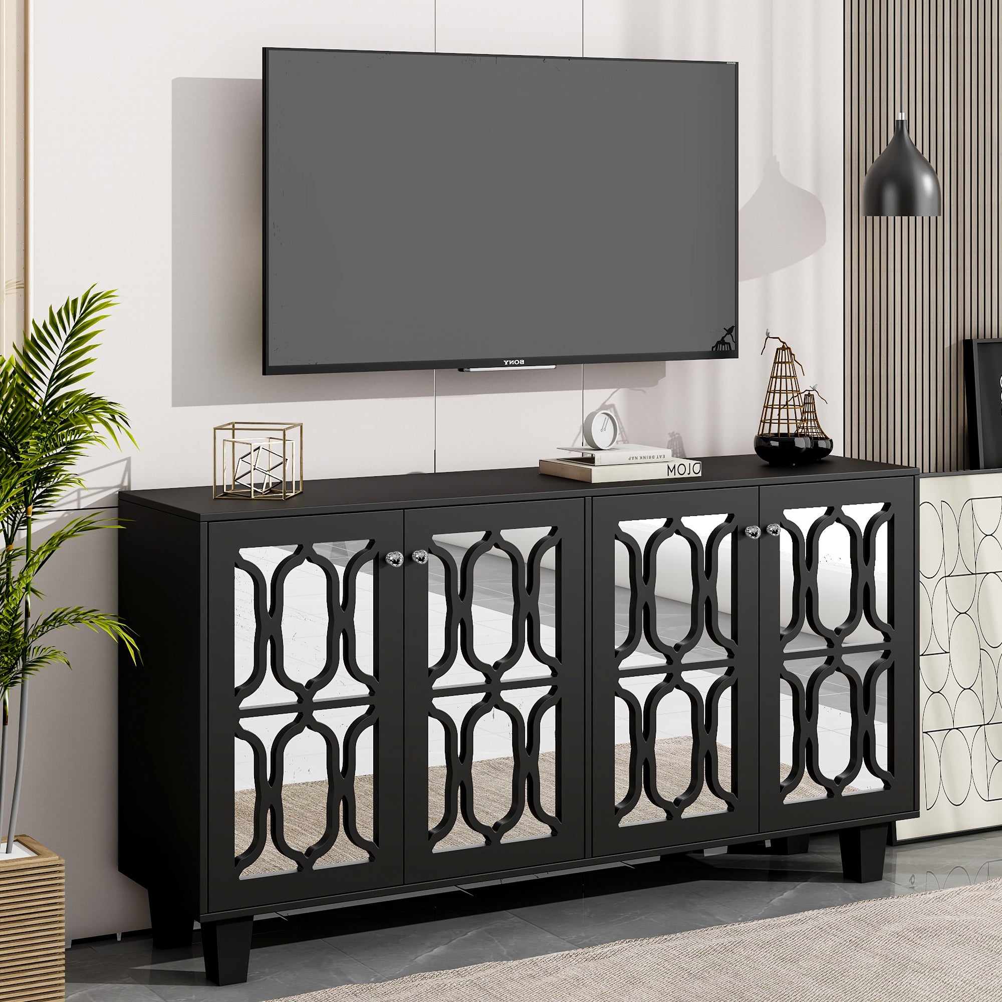 ON-TREND Buffet Cabinet with Adjustable Shelves, 4-Door Mirror Hollow-Carved TV stand for TVs Up to 70'', Multi-functional Console Table with Storage Credenza Accent Cabinet for Living Room, Black