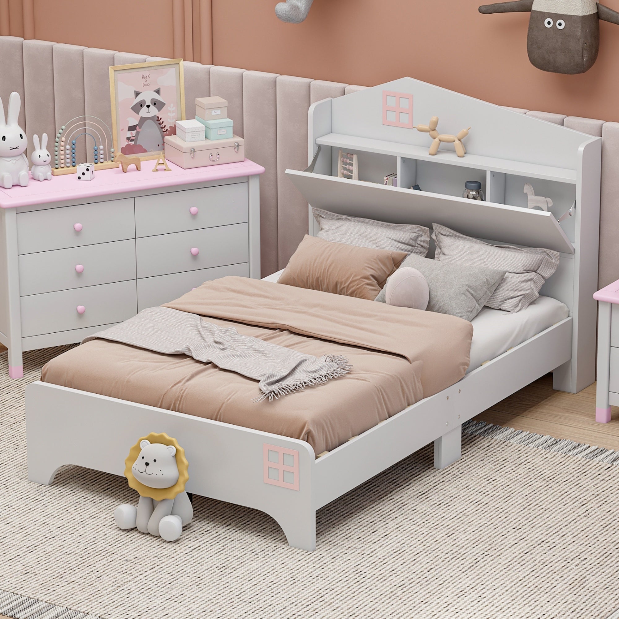 Wooden Twin Size House Bed with Storage Headboard ,Kids Bed with Storage Shelf, White