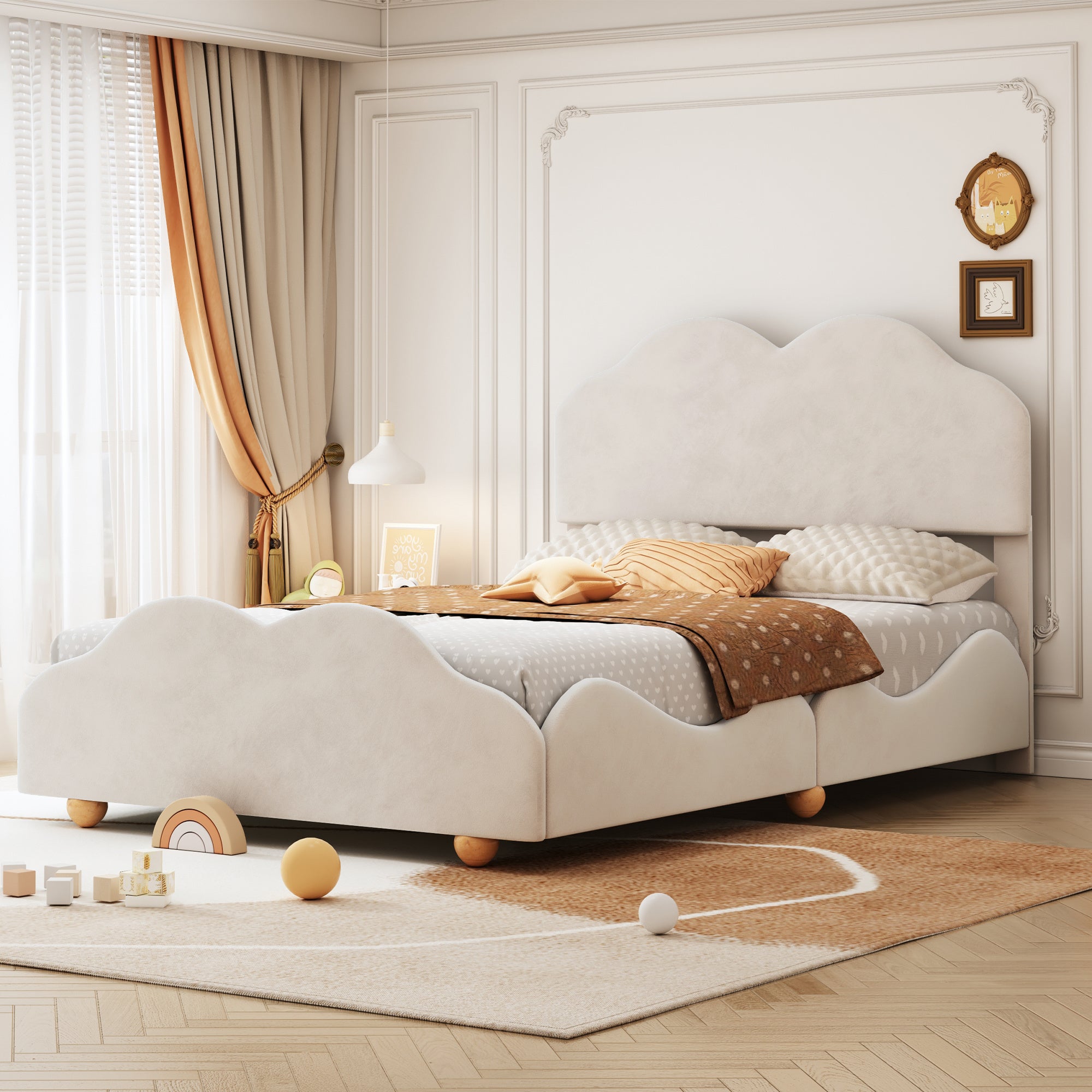 Full Size Upholstered Platform Bed with Cloud Shaped bed board, Beige