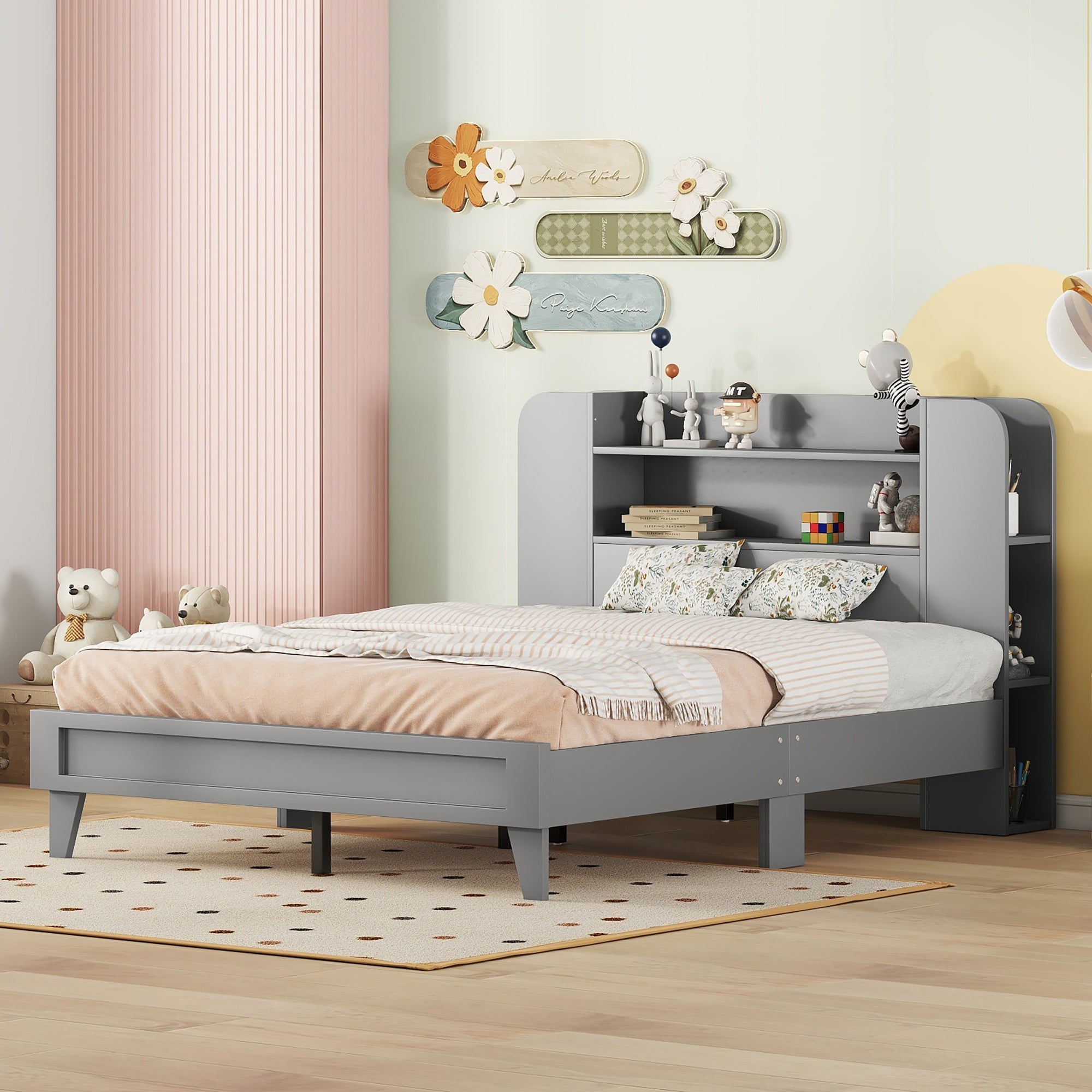 Full Size Platform Bed with Storage Headboard,Multiple Storage Shelves on Both Sides,Grey