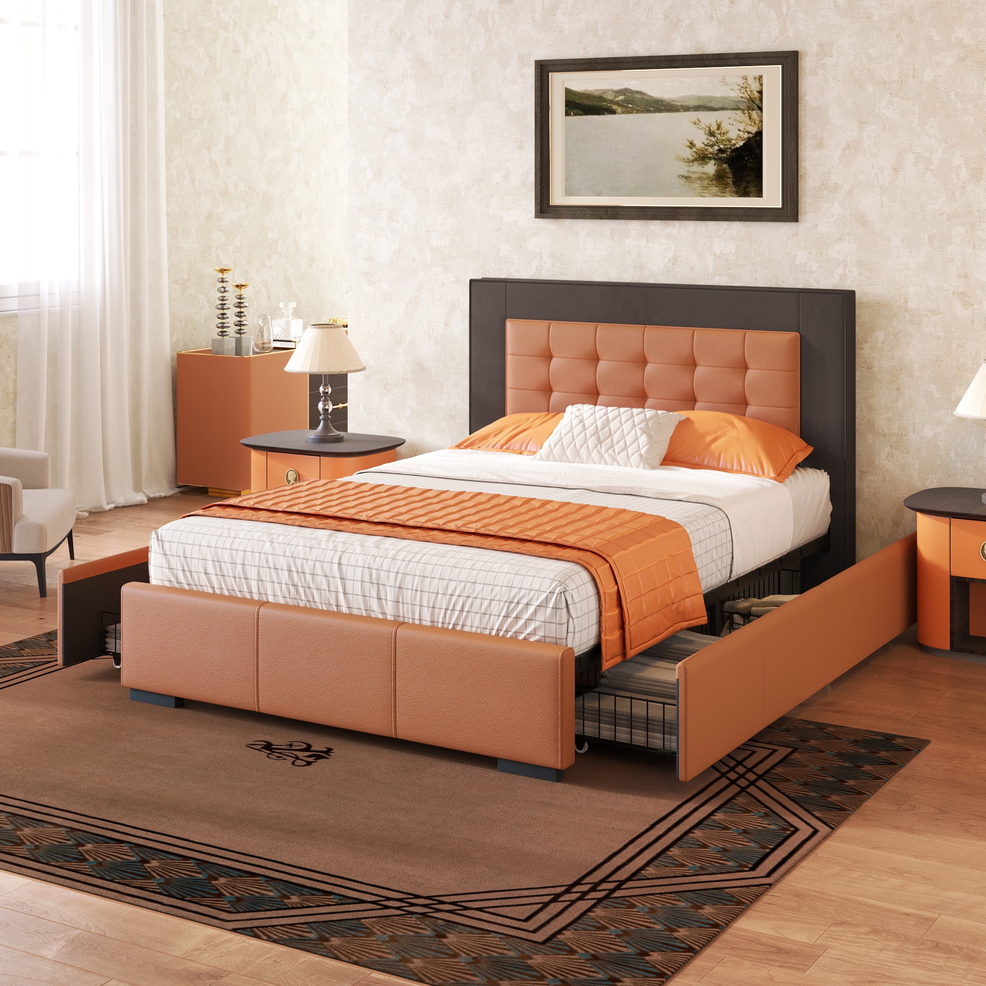 Modern Style Upholstered Queen Platform Bed Frame with Four Drawers, Button Tufted Headboard with PU Leather and Velvet, Two Color, Orange and Brown