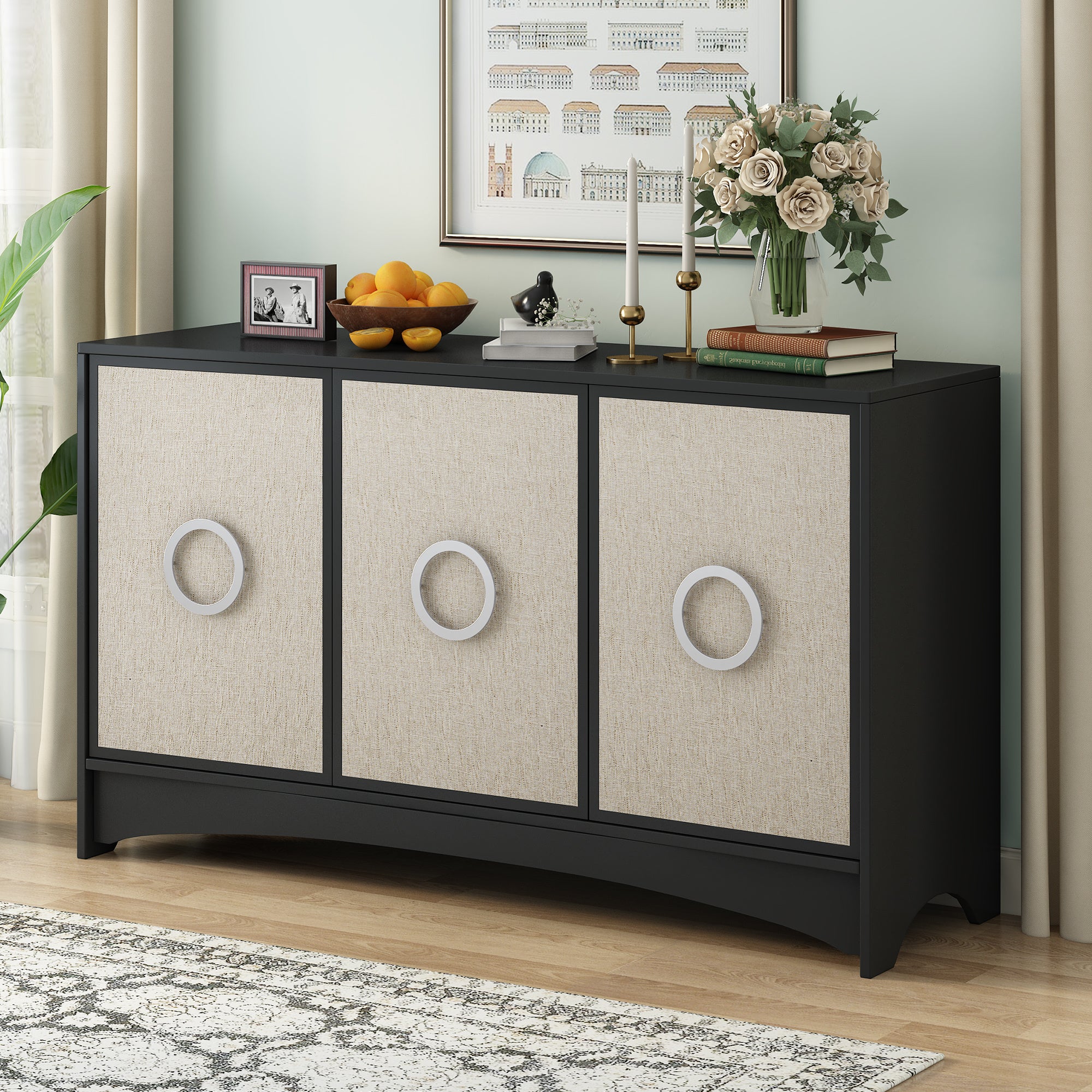 U_Style Curved Design Storage Cabinet with Three Doors and Adjustable shelves, Suitable for Corridors, Entrances, Living rooms, and Study