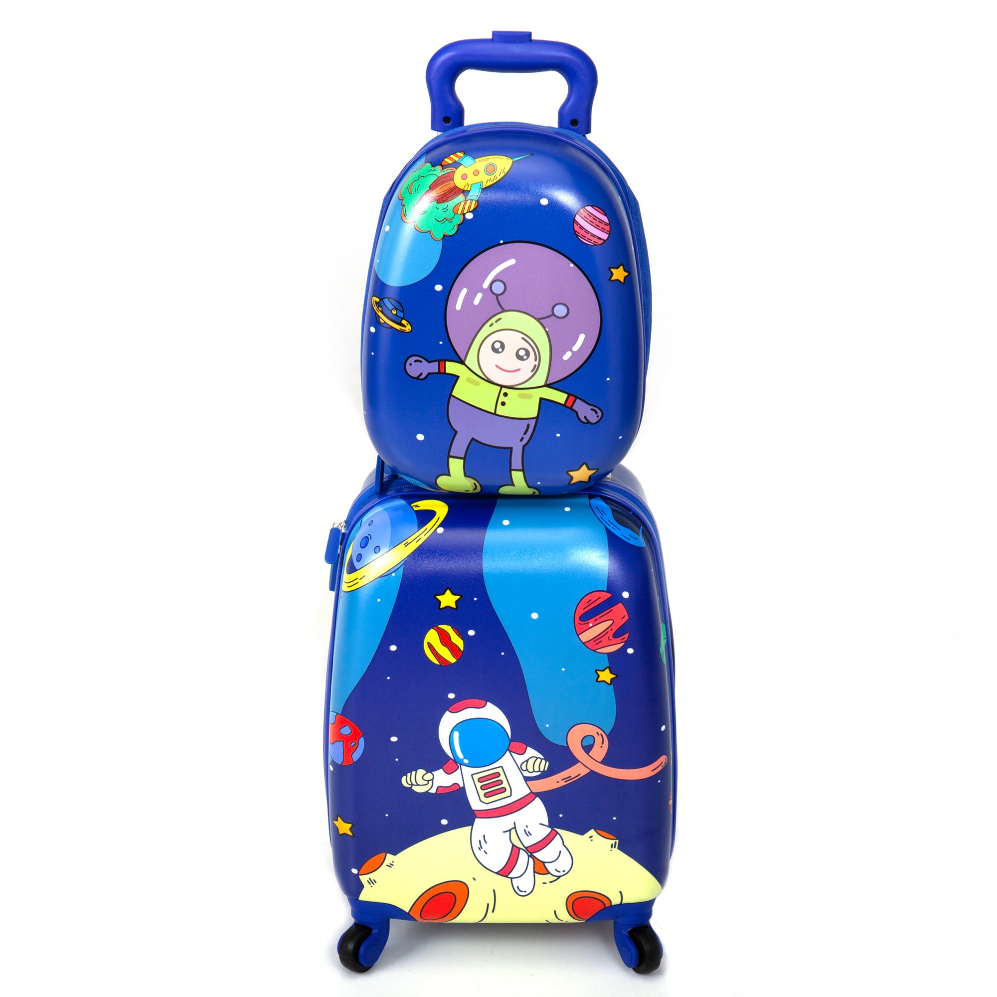 2 PCS Kids Luggage Set, 12" Backpack and 16" Spinner Case with 4 Universal Wheels, Travel Suitcase for Boys Girls, Astronaut Pattern