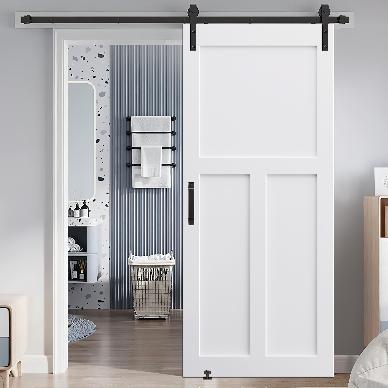 CRAZY ELF 36" x 80" "T" Style Real Primed Door Slab + 6.6FT Barn Door Sliding Hardware + Adjustable Floor Guider + Pull Handle, DIY Unfinished Paneled Door, Modern Interior Barn Door, Moisture-proof