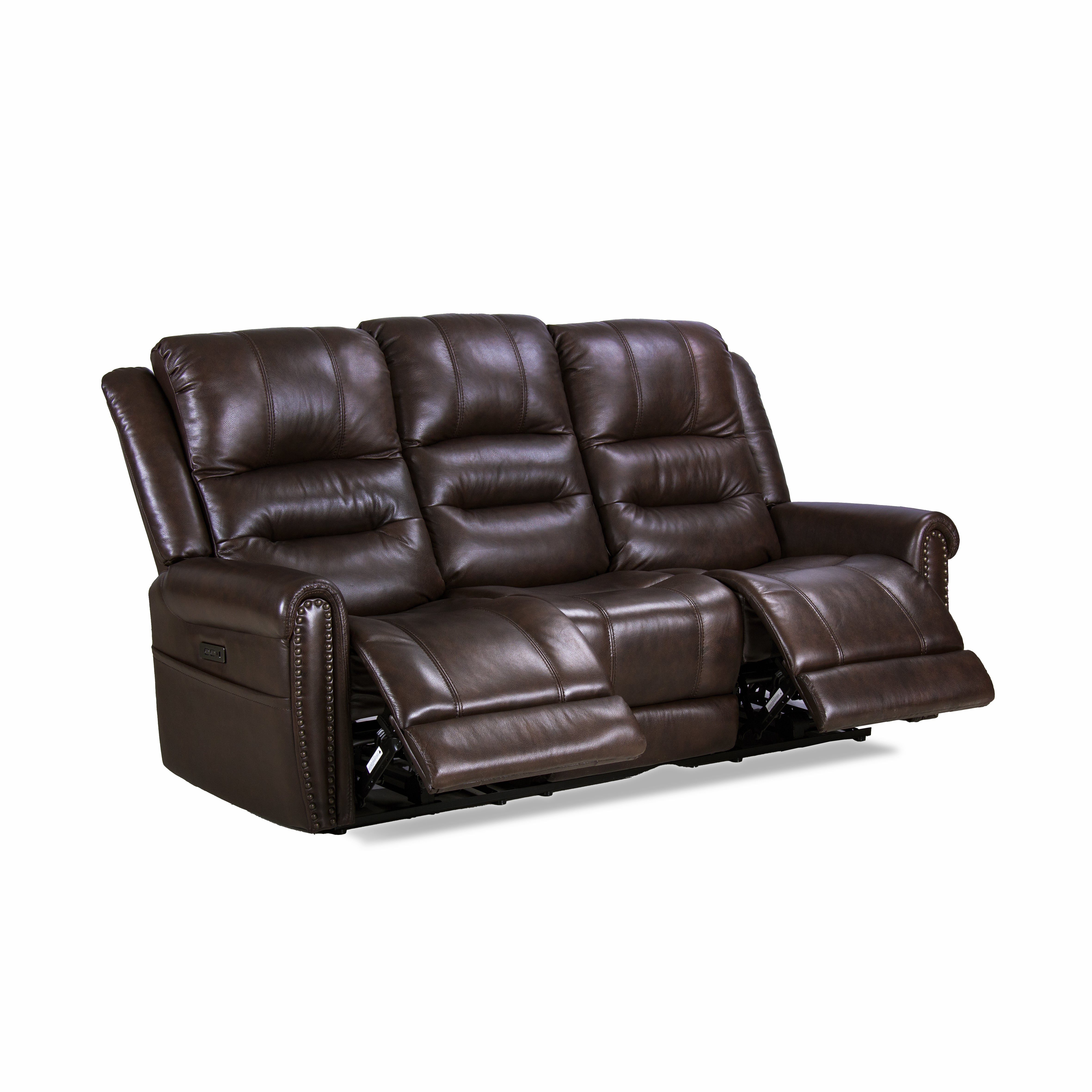 Espoo Genuine Top Grain Leather Nailhead Dropdown Table and Adjustable Headrest Power Reclining Sofa in Brown