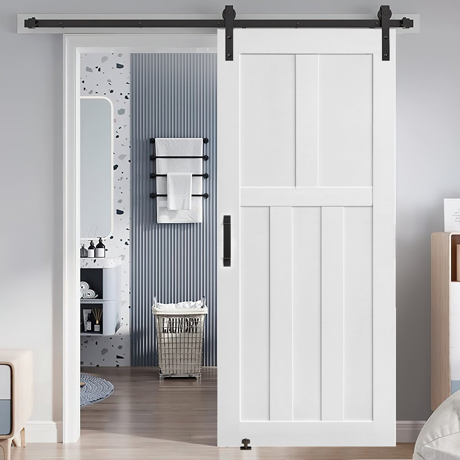 CRAZY ELF 36" x 80" Five Panel Real Primed Door Slab + 6.6FT Barn Door Sliding Hardware + Adjustable Floor Guider + Pull Handle, DIY Unfinished Paneled Door, Modern Interior Barn Door, Moisture-proof