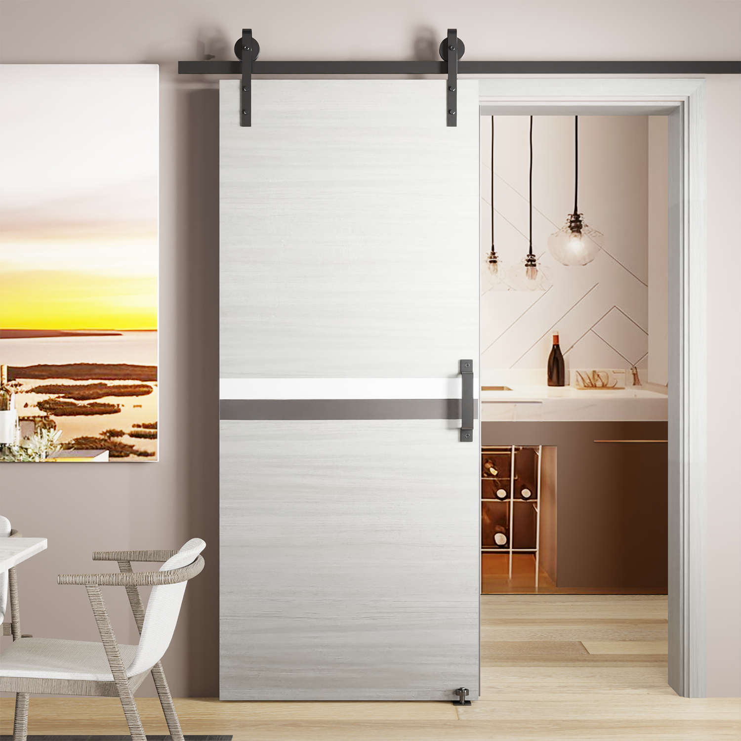 CRAZY ELF 36" x 84" Melamine Integrated Door Slab + 6.6FT Sliding Track Kit + Adjustable Floor Guider + Pull Handle, Modern Interior Door panel, Protected By 2mm Thick Melamine Layer, Moisture-proof