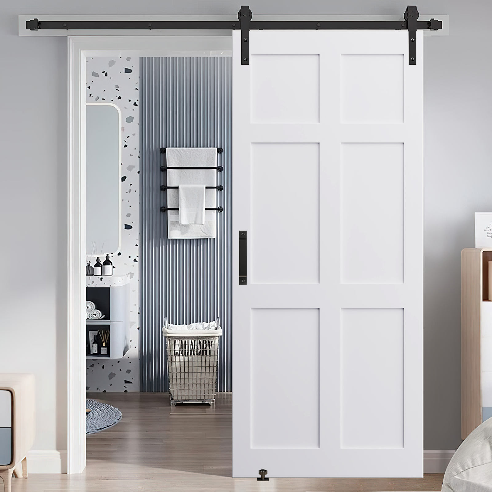 CRAZY ELF 28" x 80" Six Paneled Real Primed Door Slab + 6.6FT Barn Door Sliding Hardware + Adjustable Floor Guider + Pull Handle, DIY Unfinished Paneled Door, Modern Interior Barn Door, Water-proof