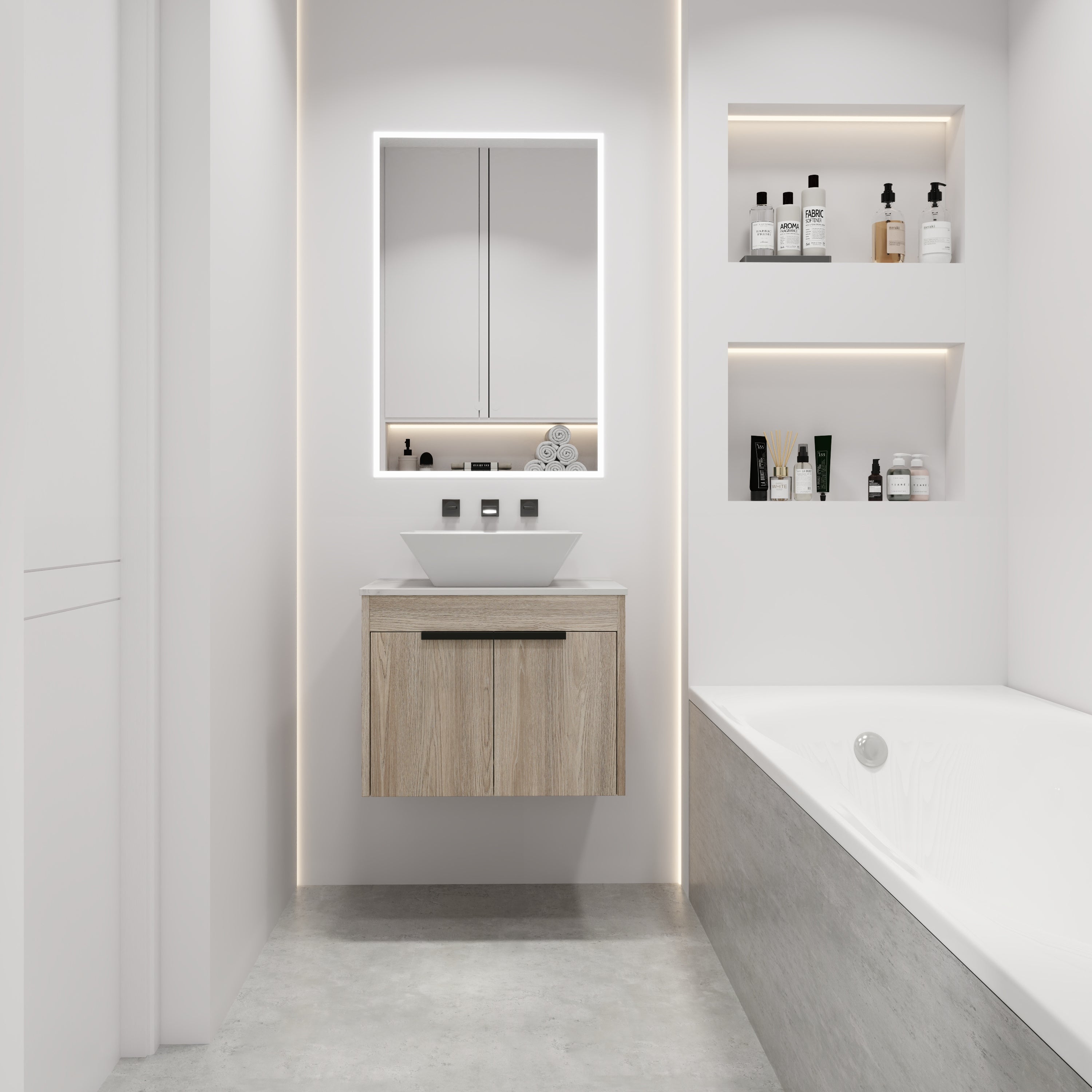 24 " Modern Design Float Bathroom Vanity With Ceramic Basin Set, Wall Mounted White Oak Vanity With Soft Close Door,KD-Packing,KD-Packing,2 Pieces Parcel(TOP-BAB101MOWH)