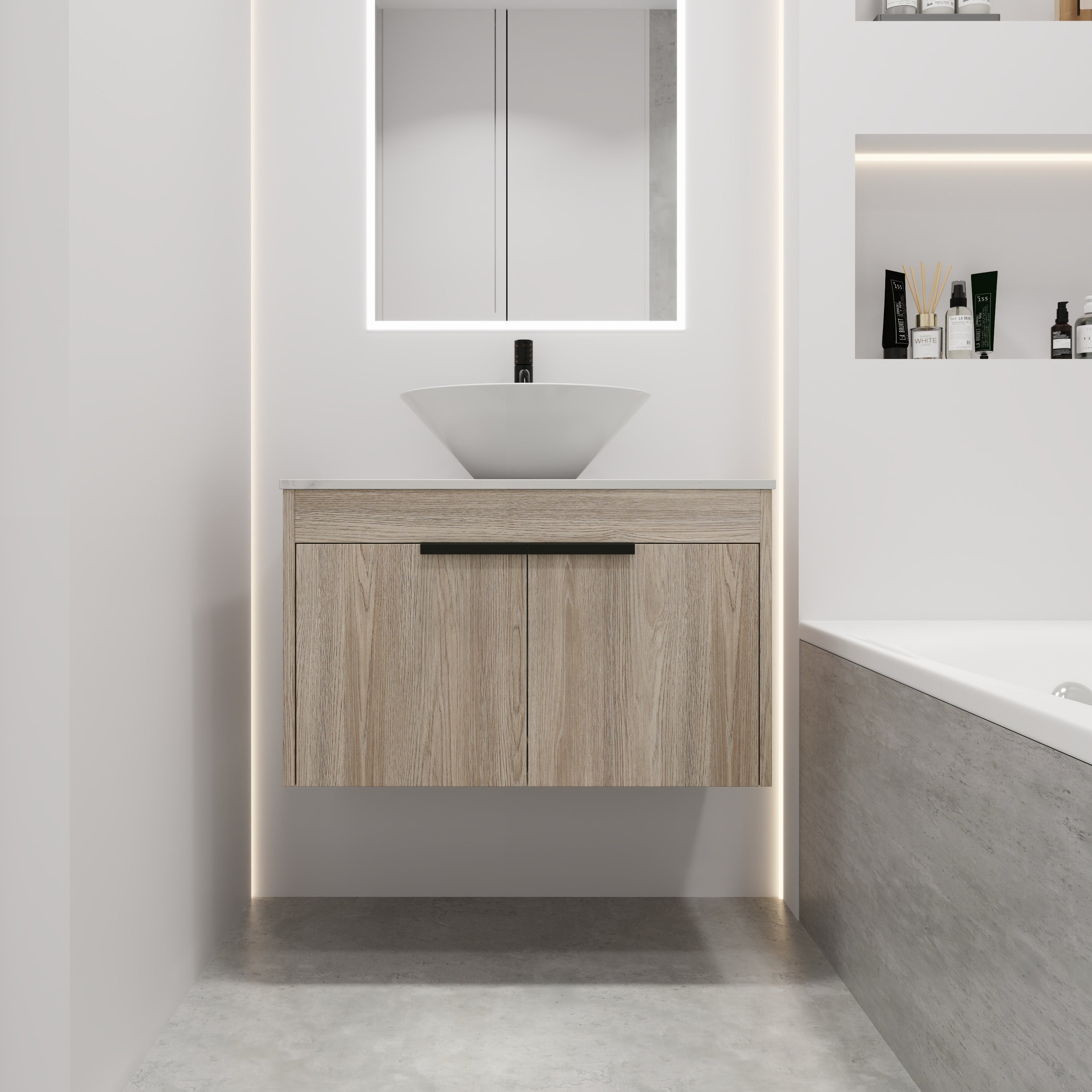 30''Modern Design Float Bathroom Vanity With Ceramic Basin Set,Wall Mounted White Oak Vanity With Soft Close Door,KD-Packing,KD-Packing,2 Pieces Parcel(TOP-BAB217MOWH)