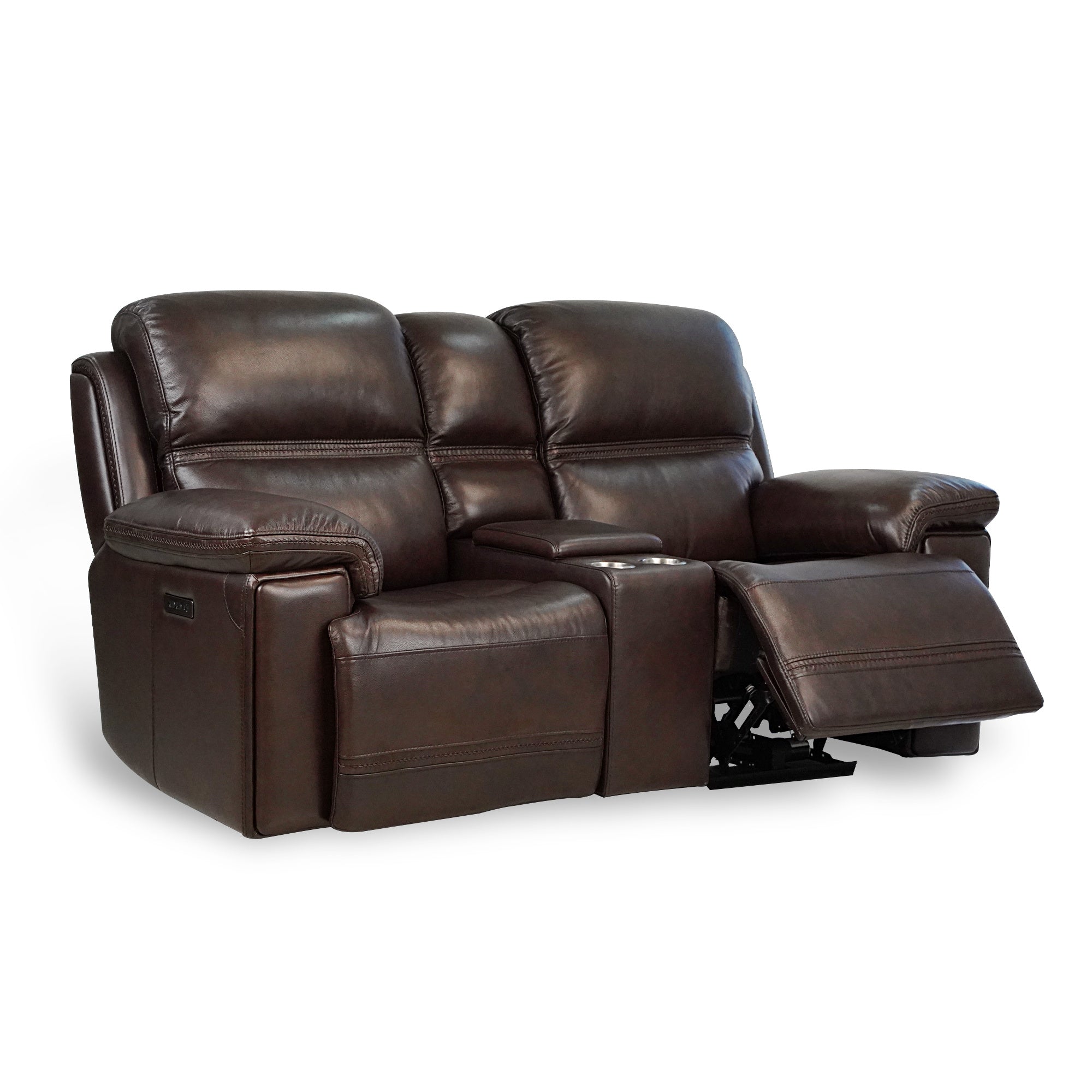 Timo Top Grain Leather Power Reclining Loveseat With Console, Adjustable Headrest,Storage,Steel Cup Holders,Cross Stitching