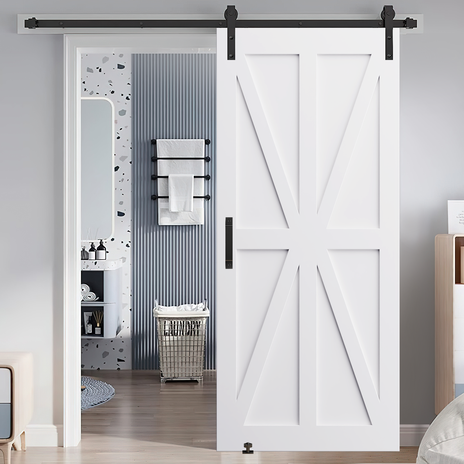 CRAZY ELF 36" x 80" Star Style Real Primed Door Slab + 6.6FT Barn Door Sliding Hardware + Adjustable Floor Guider + Pull Handle, DIY Unfinished Paneled Door, Modern Interior Barn Door, Moisture-proof