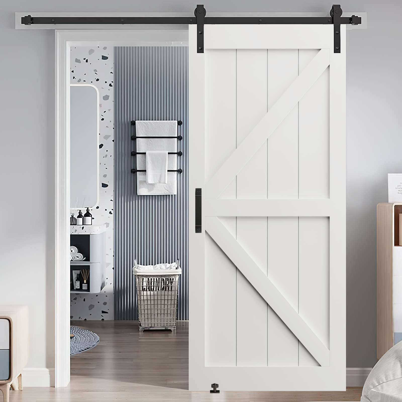 CRAZY ELF 28" x 84" "K" Style Real Primed Door Slab + 6.6FT Barn Door Sliding Hardware + Adjustable Floor Guider + Pull Handle, DIY Unfinished Paneled Door, Modern Interior Barn Door, Moisture-proof