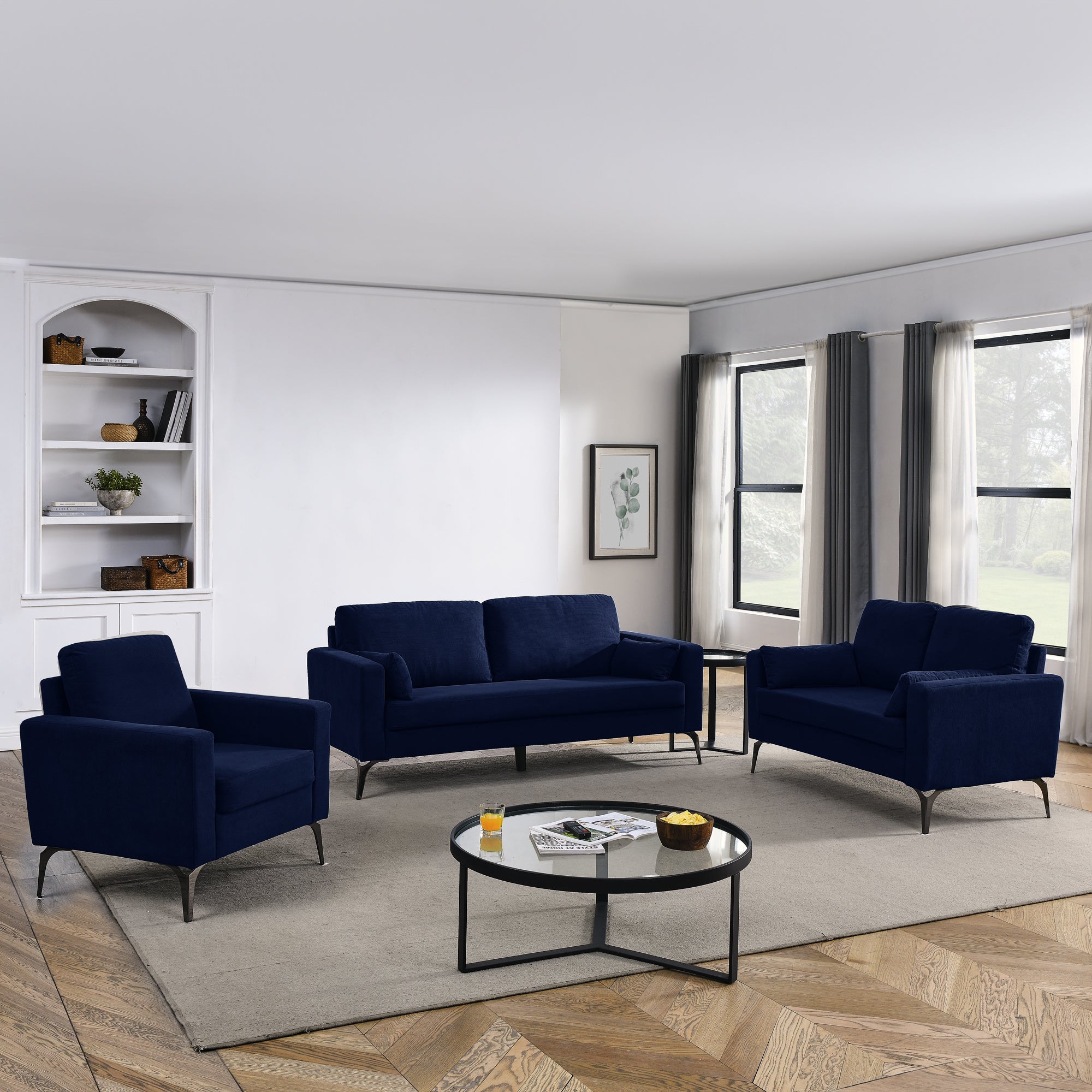 3 Piece Living Room Sofa Set, including 3-Seater Sofa, Loveseat and Sofa Chair, with Two Small Pillows, Corduroy Navy