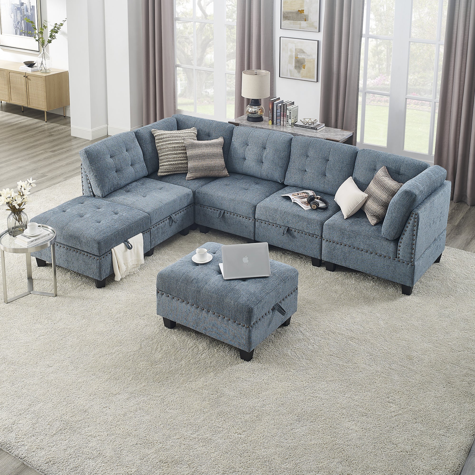 L shape Modular Sectional Sofa,DIY Combination,includes Three Single Chair ,Two Corner and Two Ottoman,Navy Blue